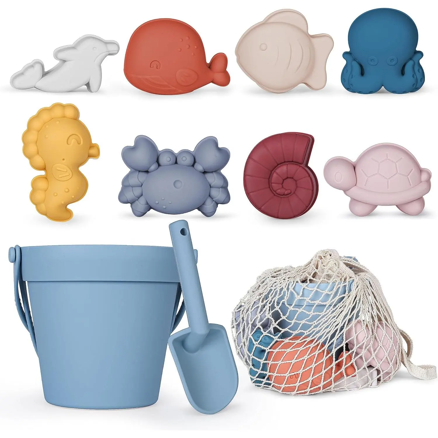 11Pcs Silicone Beach Toys Set for Toddlers Kids - Travel Friendly Bucket Shovel 8 Sand Molds Beach Bag (Blue)