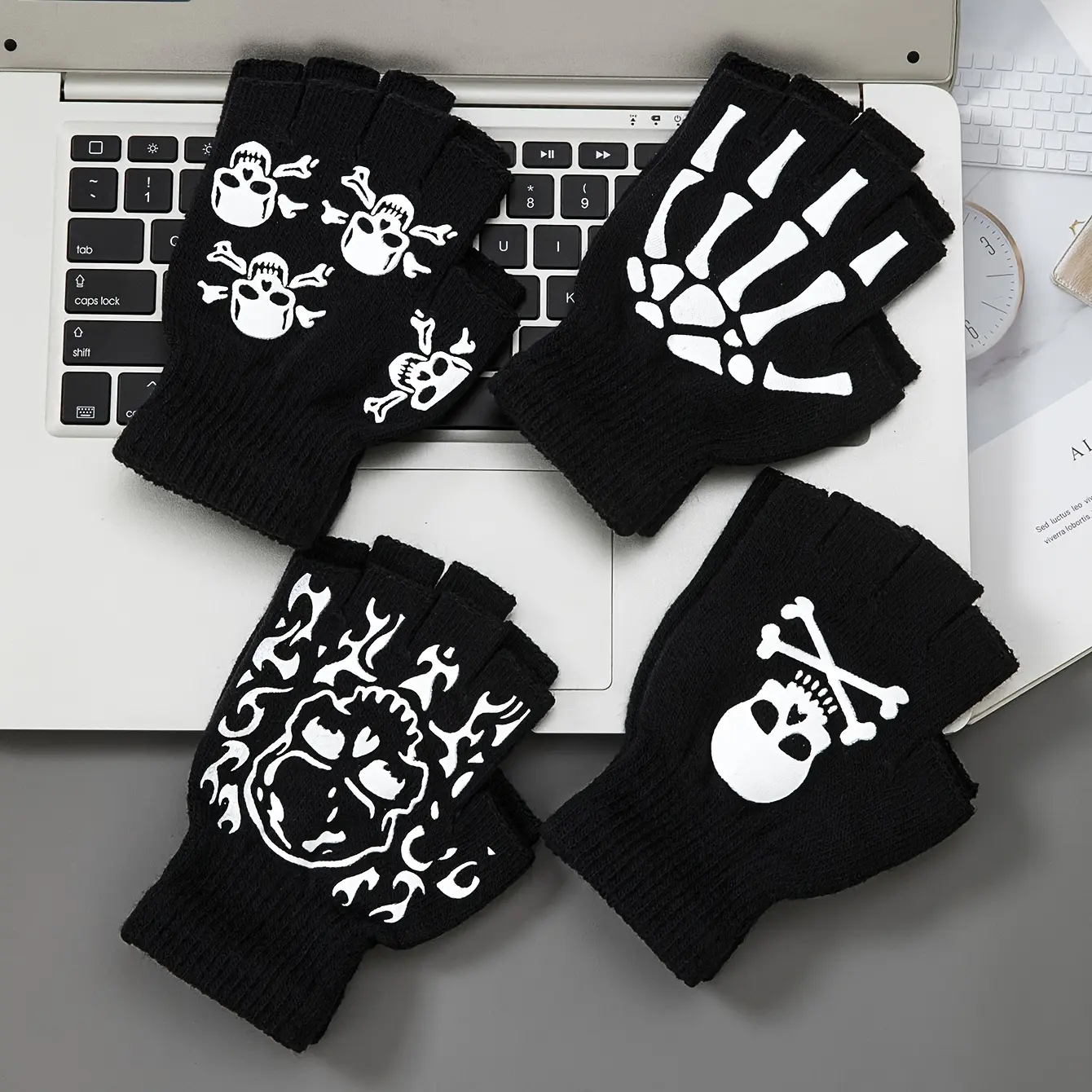 Men's Winter Knit Cuffs Gloves - Fleece Lined, Thermal Insulation, Hook Loop Closure, Skeleton Print, for Outdoor Sports