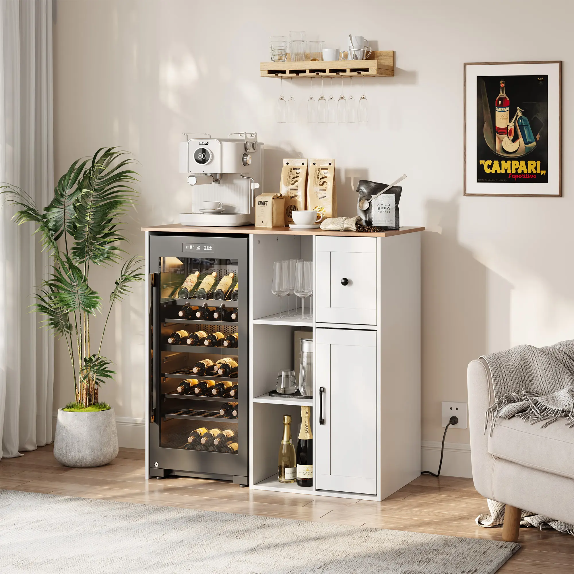 Coffee Bar Cabinet with Built-in Power Outlet – 40" Kitchen Organizer with Drawer, Open Shelves & Closed Storage – Mini Fridge Stand for Snack and Wine Bar, Multipurpose Kitchen or Dining Room Storage