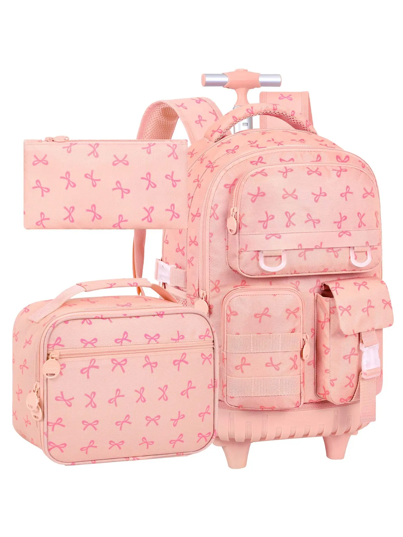 3Pcs Kids Rolling Backpack Set Cute Bow Print Wheeled Trolley School Bag with Lunch Box Pencil Case Lightweight Waterproof Girls Travel Luggage Backpack for Primary Student School Travel