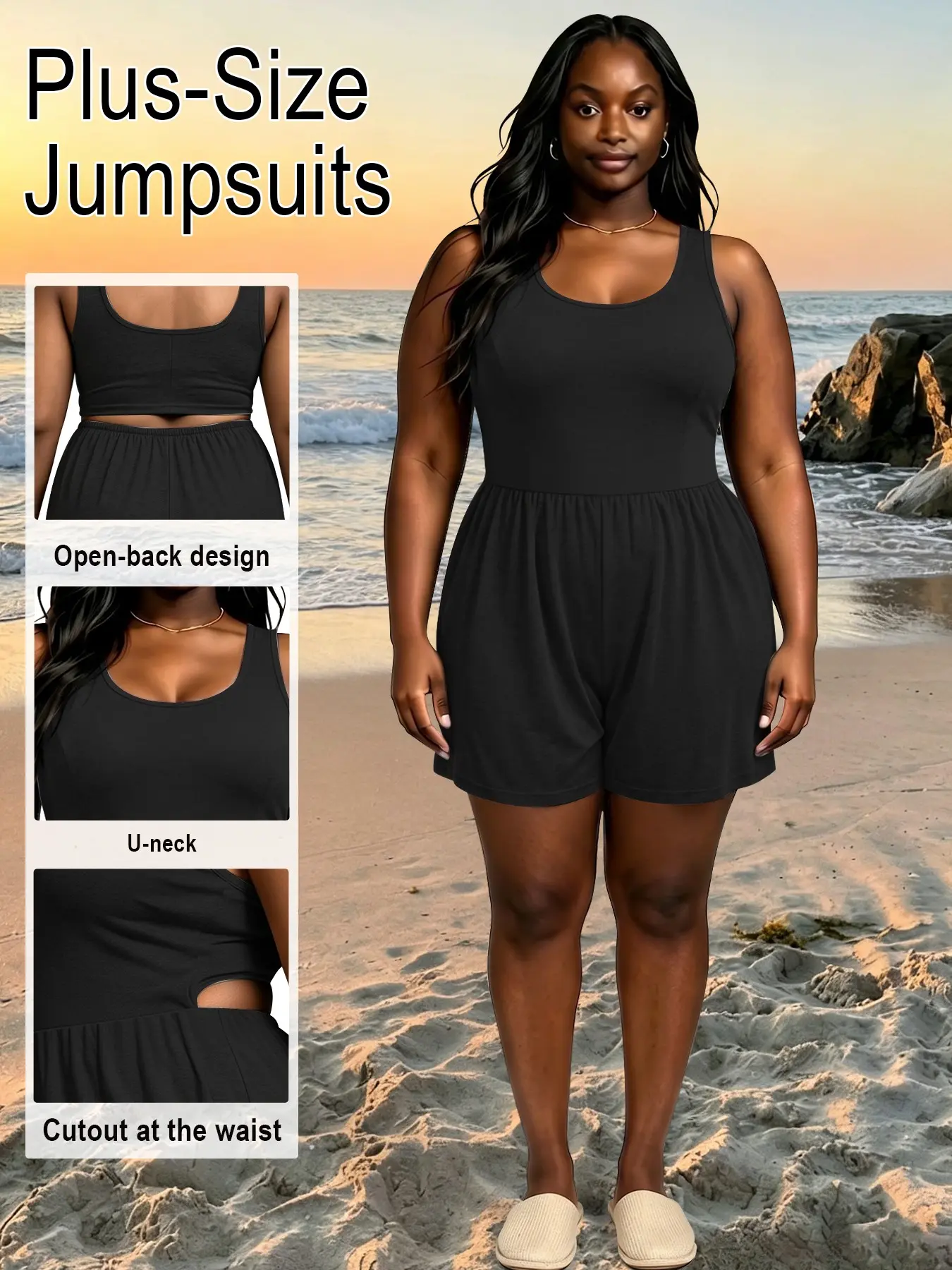 Plus Size Cutout Sleeveless Romper, U‑Neck Backless High Waist Wide Leg Short Jumpsuit