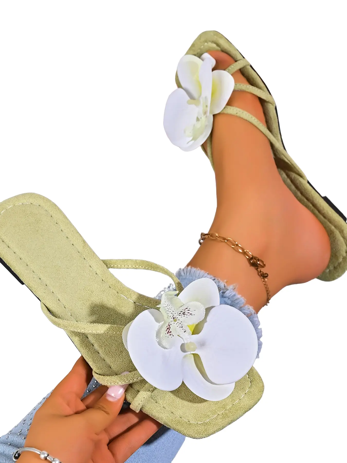 Unique Butterfly Orchid Flower Sandals, Square Toe Flat Casual Shoes, Daily Wear Beach Slippers, Comfortable Outdoor Footwear