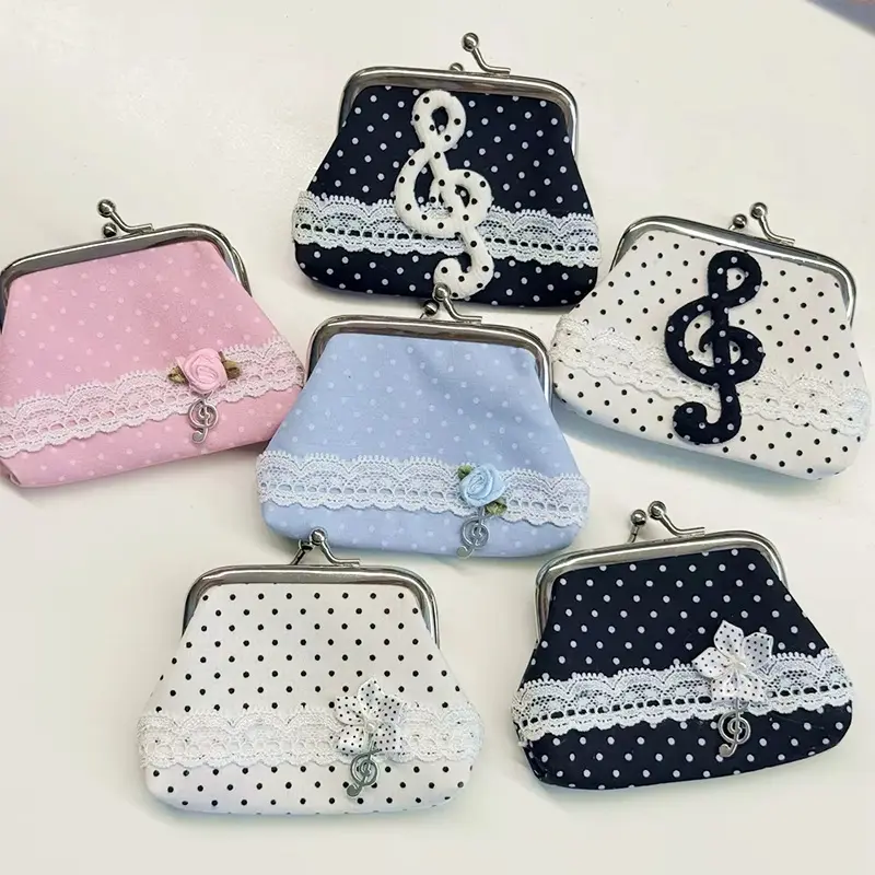 Coin Purse & Mini Wallet – Lace Accent Ensemble & Polka Dot Motif, Viral TikTok Coquette Aesthetic & Retro Lace Trend, Kiss Lock Closure Compact & Lightweight Accessory for Key Storage, Earphone Holder, Lipstick Pouch & Sweet Gift for Her