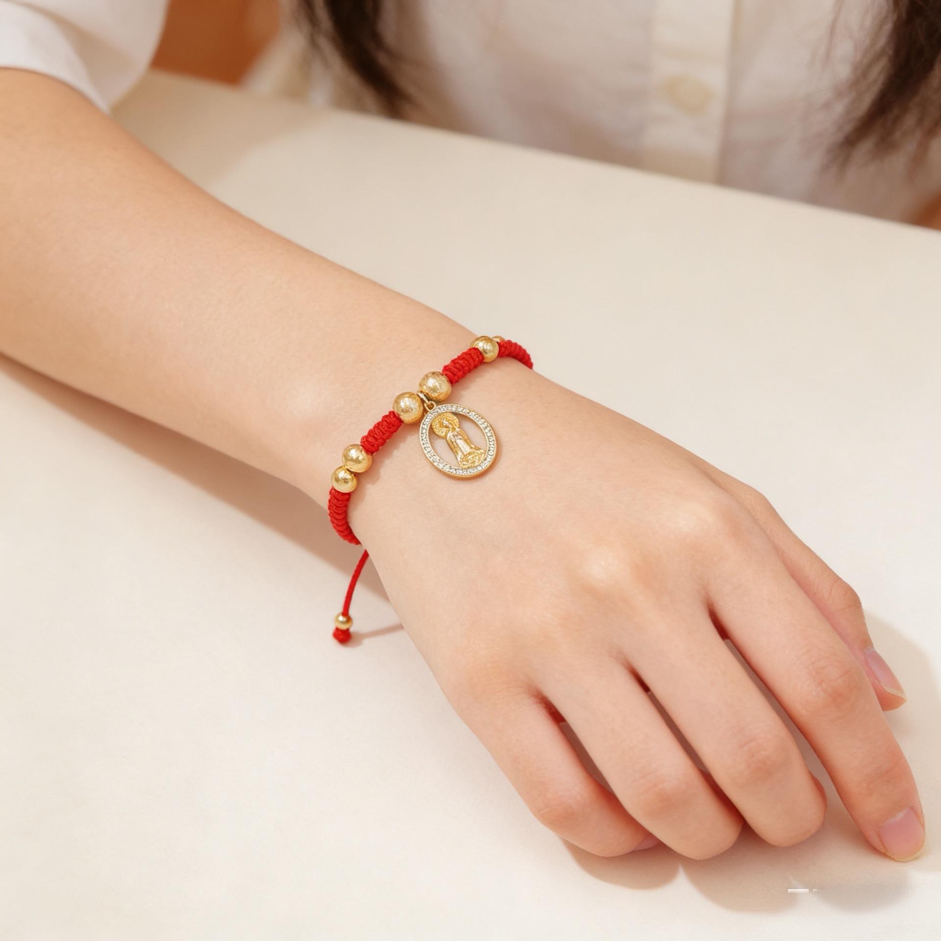 Cubic Zirconia Virgin Mary Red Rope Bracelet, Handmade Braided Adjustable Design with Gold Beads, Religious Inspired Jewelry for Women, Perfect for Daily Wear, Party & Spiritual Gift Giving