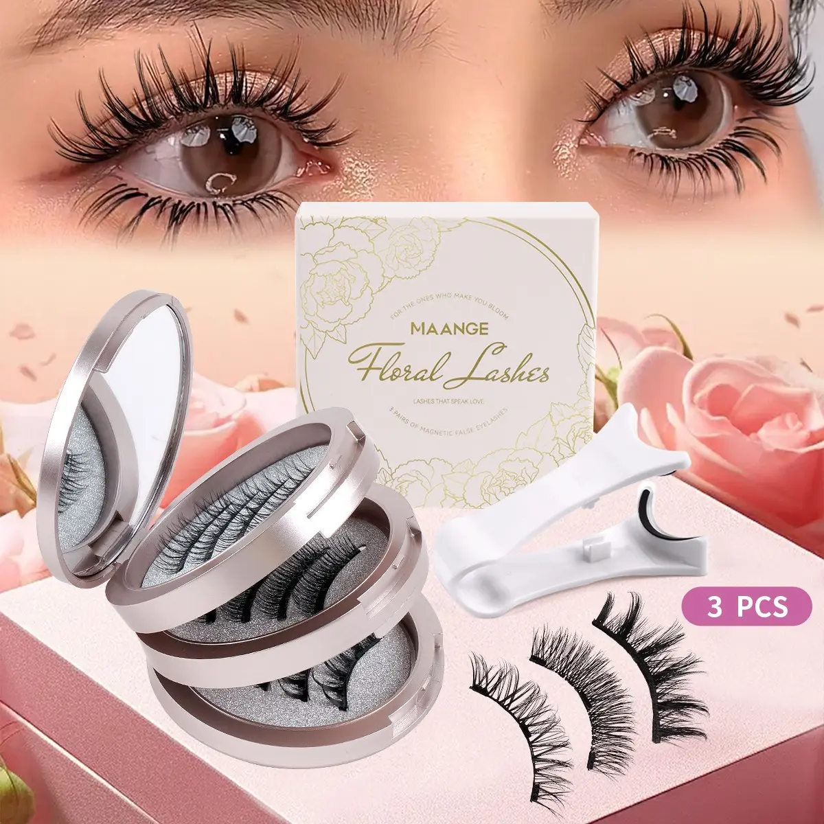 MAANGE 3 Pairs Magnetic Lashes, 3 Styles D Curl Dense Wispy Volumized False Eyelashes, High Quality Eyelashes, No Glue with Applicator, Lightweight & Durable, Voluminous Glam Effect, Perfect for Parties