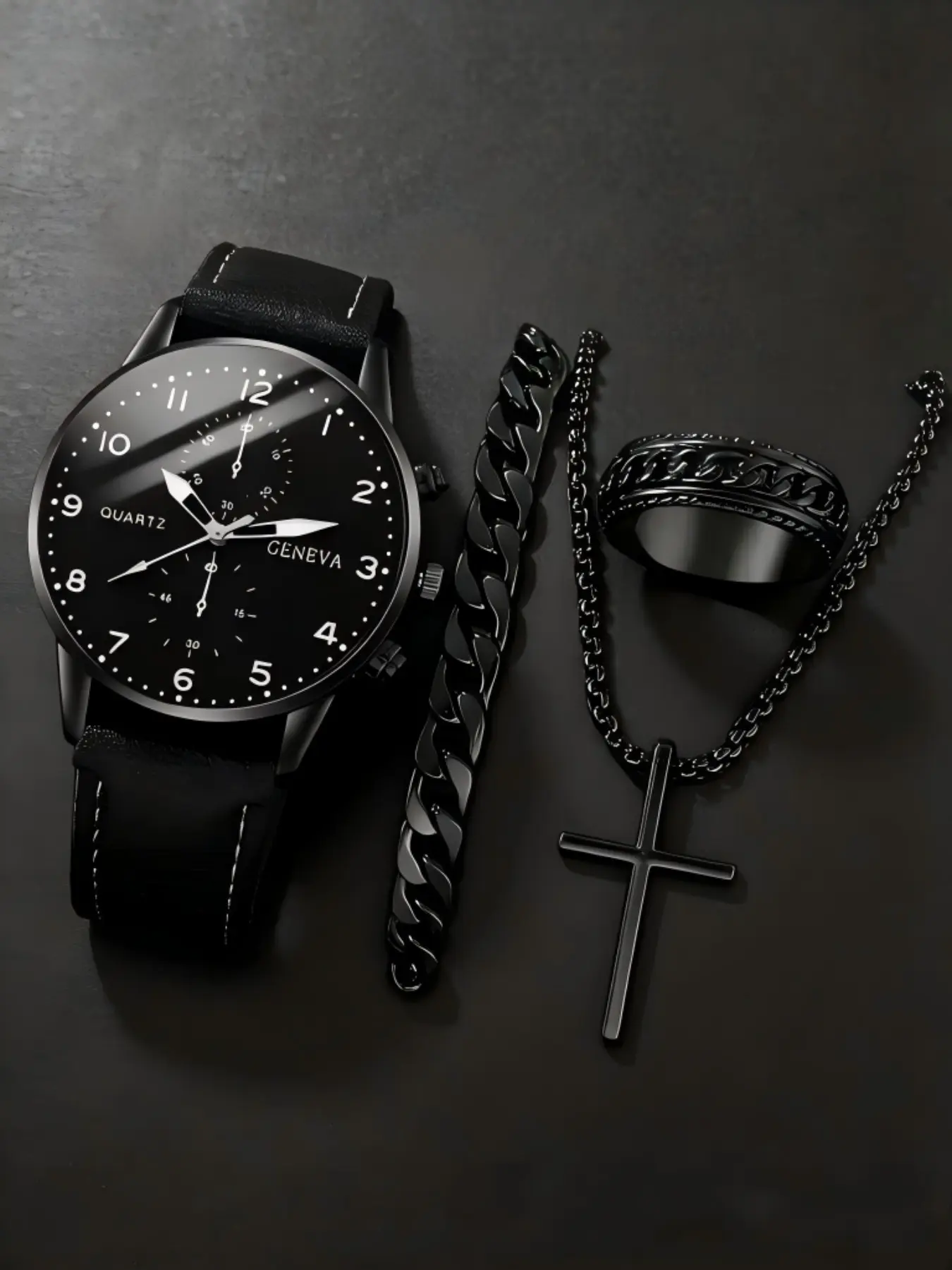 Men's Fashion Casual Quartz Watch, with Necklace, Ring & Bracelet, PU Band Business Style Analog Watch set , Fashionable Watch Set As Gift for All Occasions