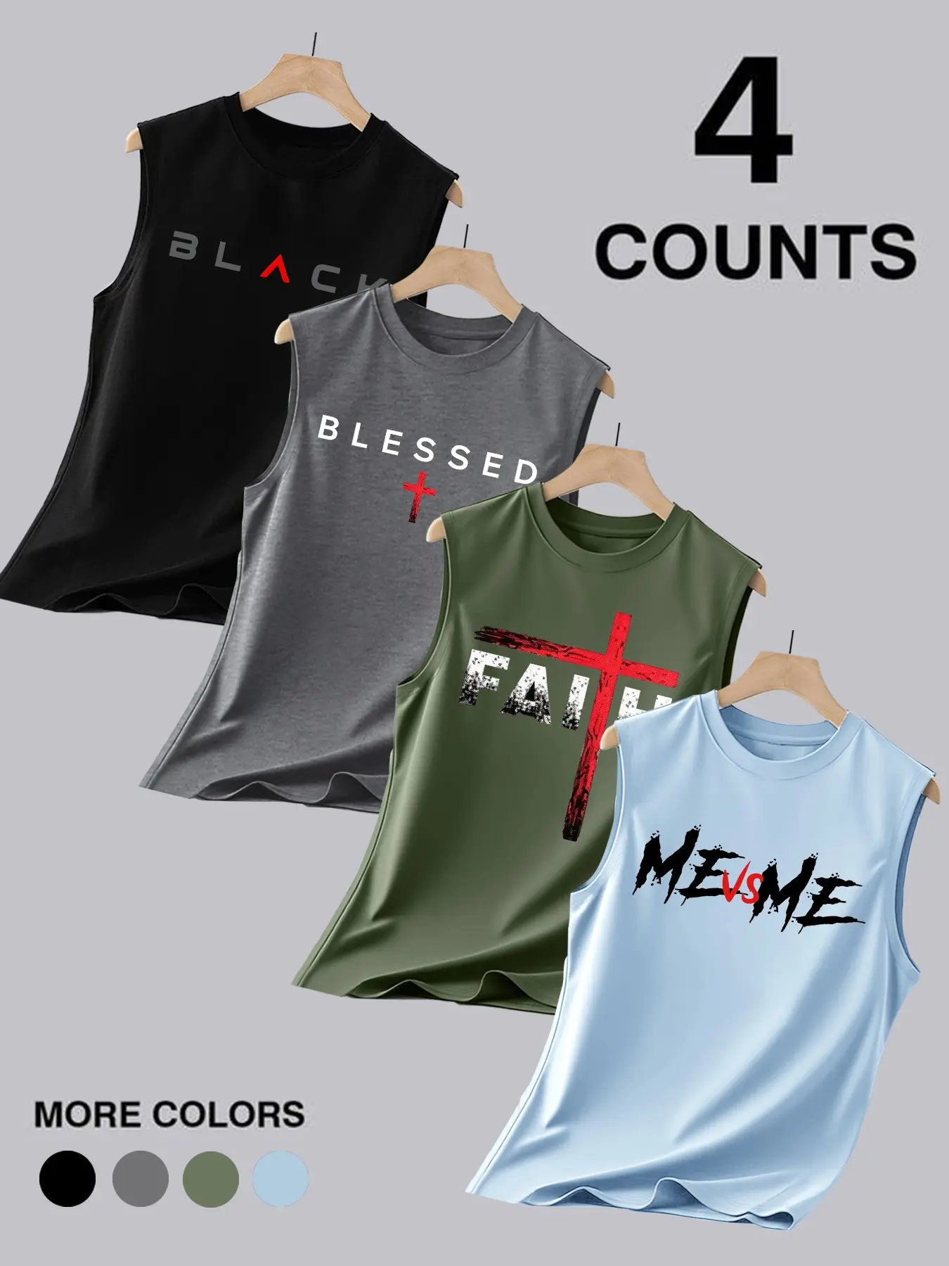 Men's 4-Piece Sleeveless Graphic Vest, Casual Fitted Muscle Shirt, Blessed Faith Me Vs Me Print, Fitness Streetwear, Sleeveless Vest Tops