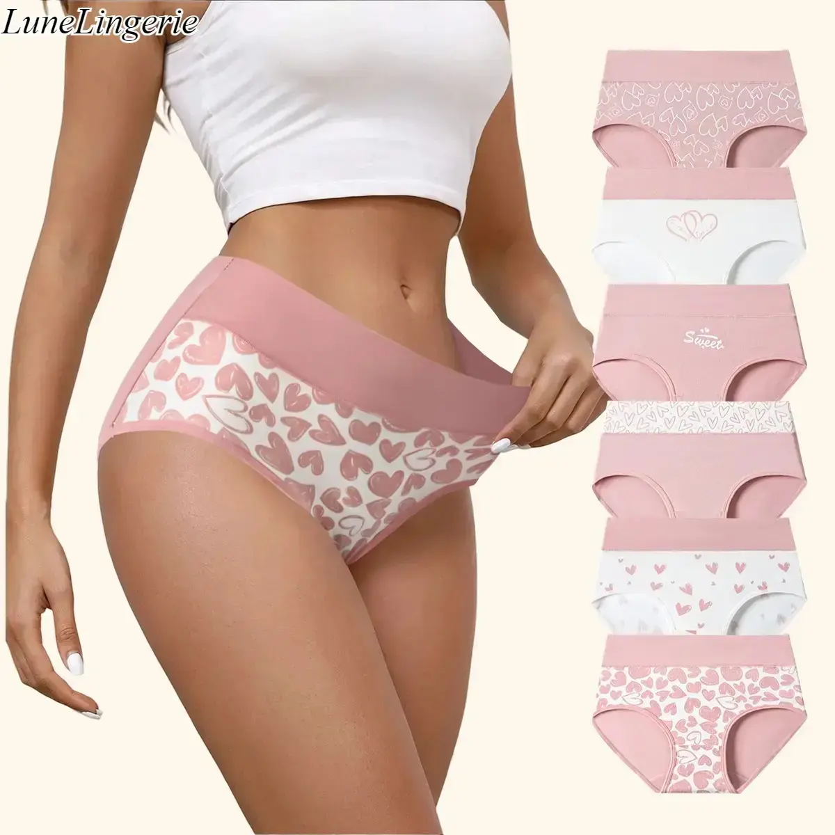 Women's Love Print Cotton Briefs, High Waisted Full Coverage Underwear, Breathable Snug Fit Panties for Everyday Wear, 4 Pcs