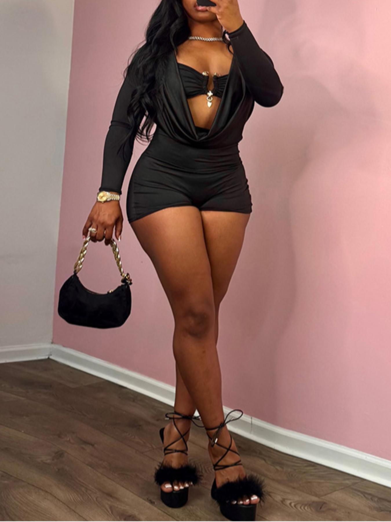 Women's 2 in 1 Draped Design Romper, Casual Thigh Fitted Long Sleeve Skinny Romper for Daily Wear, Ladies Clothes for Spring & Fall