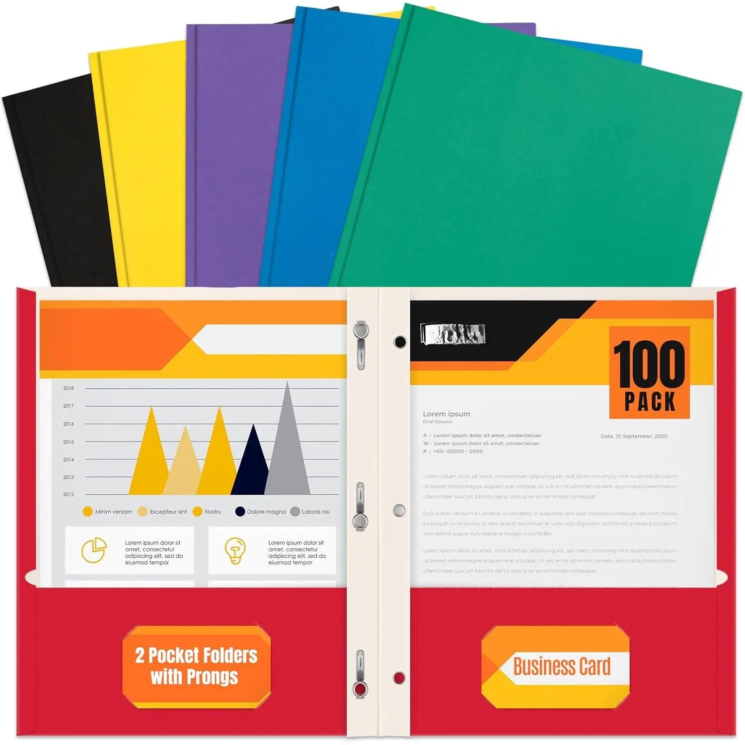 Letter Size Paper Portfolios by , Case of 100,  Primary Colors, with Fasteners (Contemporary, 2 Pocket Paper Folders with Fasteners)