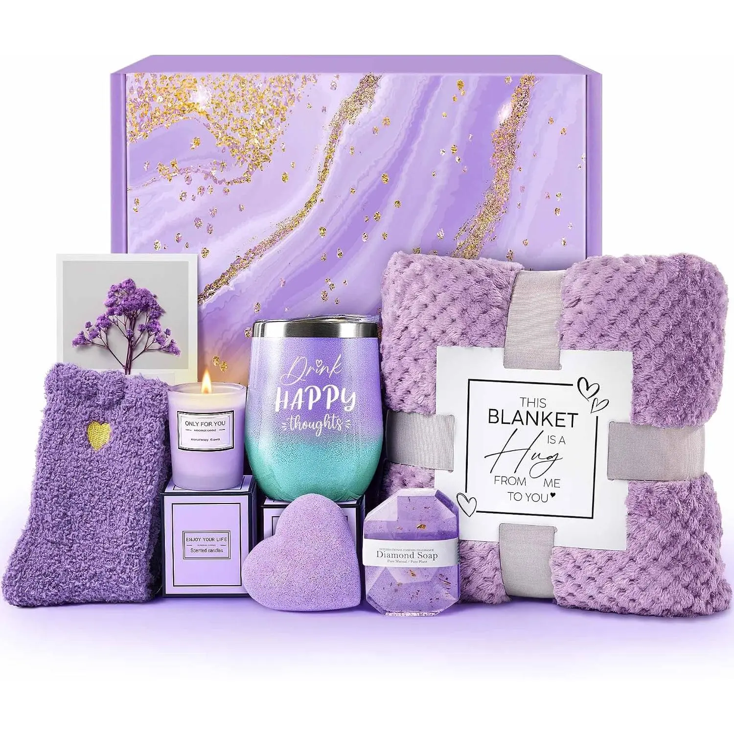 Birthday Gifts for Women Mom Sister Grandma   Her, Self Care Get Well Soon Gifts, Lavender Relaxing   Baskets Care Package w/Blanket,  Day Christmas Thank You