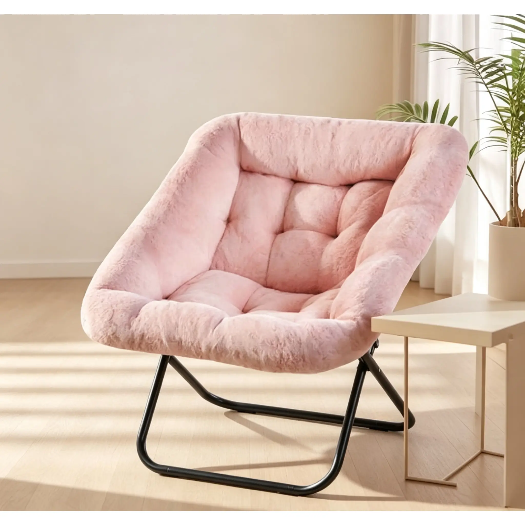 Comfort Leisure Chair for Adults, Soft Faux Fur Folding Recliner Suitable for Bedrooms, Living Rooms and Dormitories, Multi-purpose Lightweight Reading Chair for Teenagers, Oversized Foldable Square Pink Model