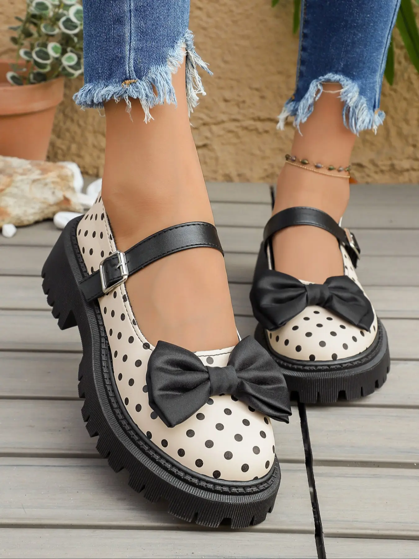Women's Polka Dot Bow Mary Jane Shoes, Single Strap Buckle Platform Lug Sole Loafers, Round Toe Thick Heel Casual Mary Janes, Sweet Preppy Style Shoes Match Skirts Jeans For Daily Commute School Dating Walking Shoes