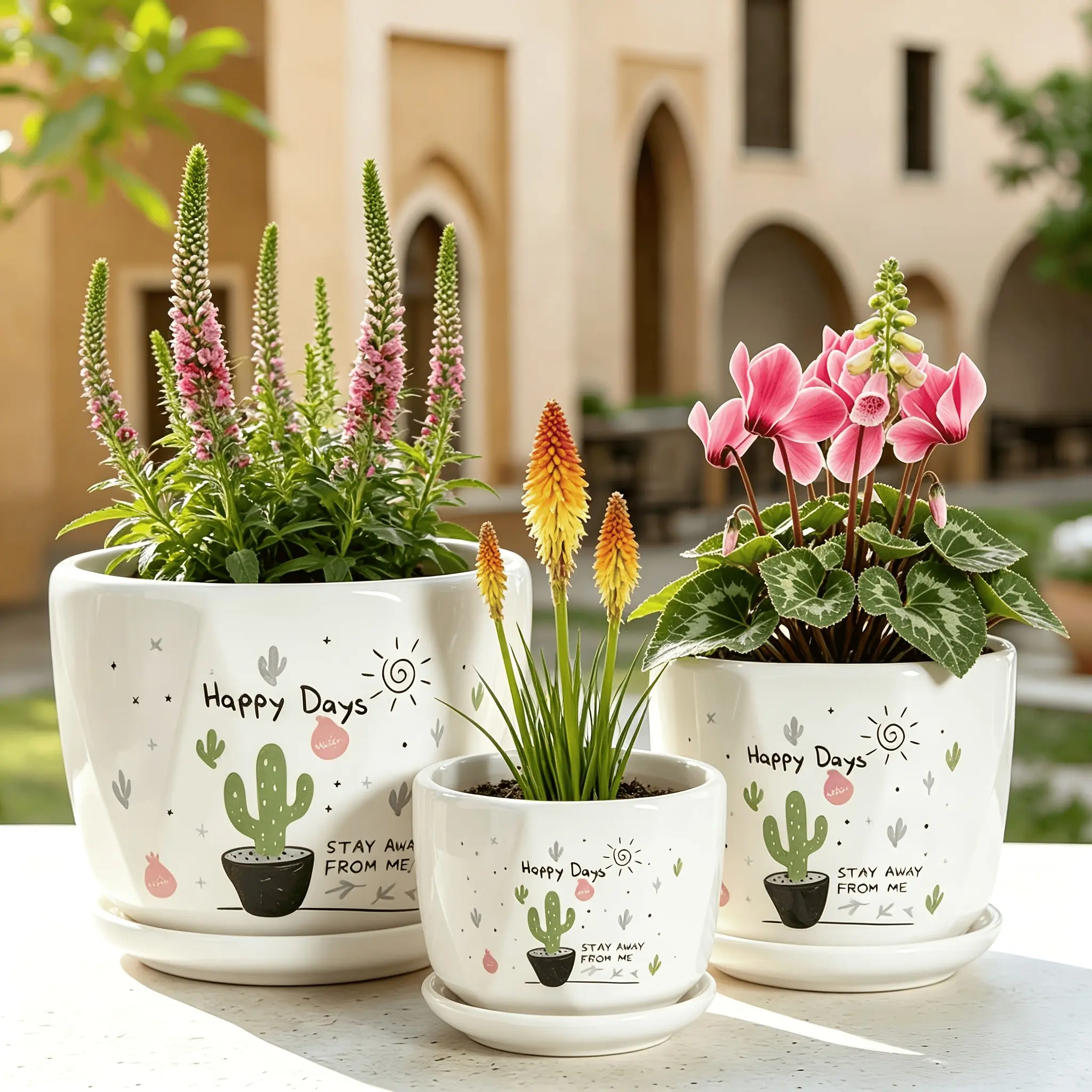 3pcs Large Medium Small Ceramic Plant Pots Suitable for Succulents, Cactus & Pothos with Drainage Holes & Saucers, White Cactus Print Indoor/Outdoor Flower Planters for Tabletop Decor, Housewarming Gifts, Polished Ceramic Suitable for Cacti
