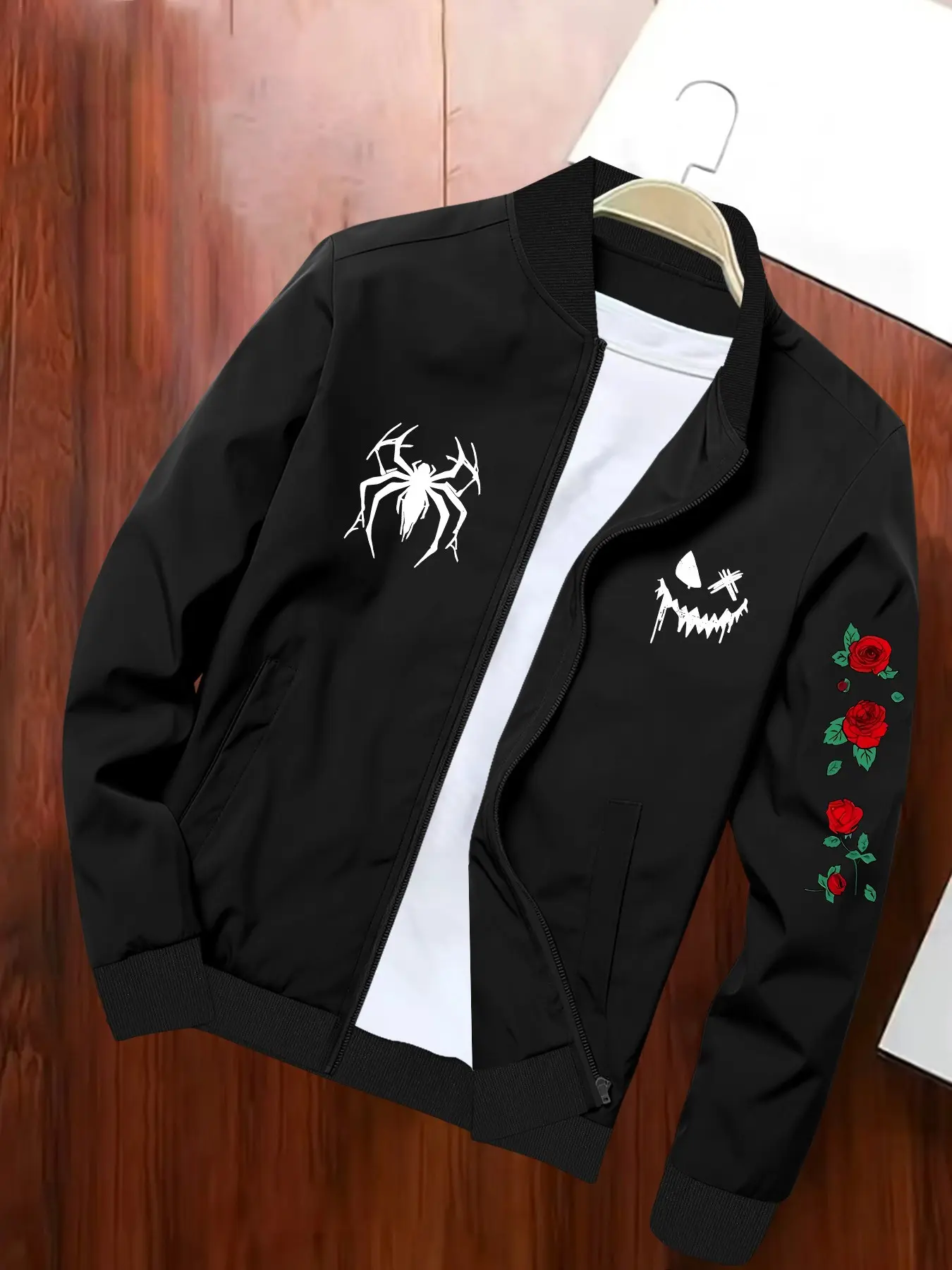 Spider Pattern Baseball Jacket, Pumpkin Face Design, Rose Branch Prints, Dark Cool Style, Floral Elements, Contrast Fashion