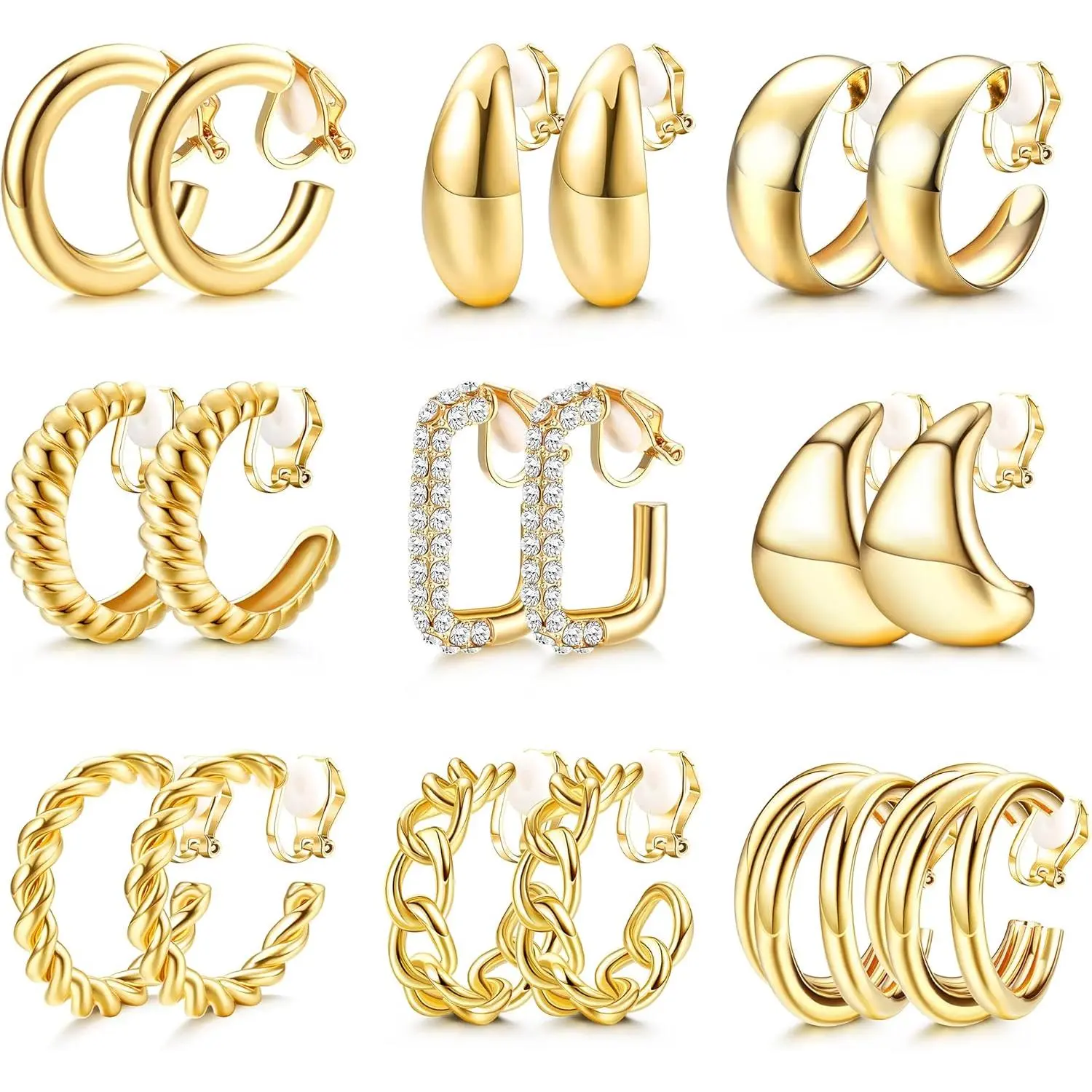 FASACCO 9 Pairs Gold Clip on Earrings for Women 14K Gold Plated Waterdrop Chunky Clip on Hoop Earrings No Piercing Fake Earrings Set