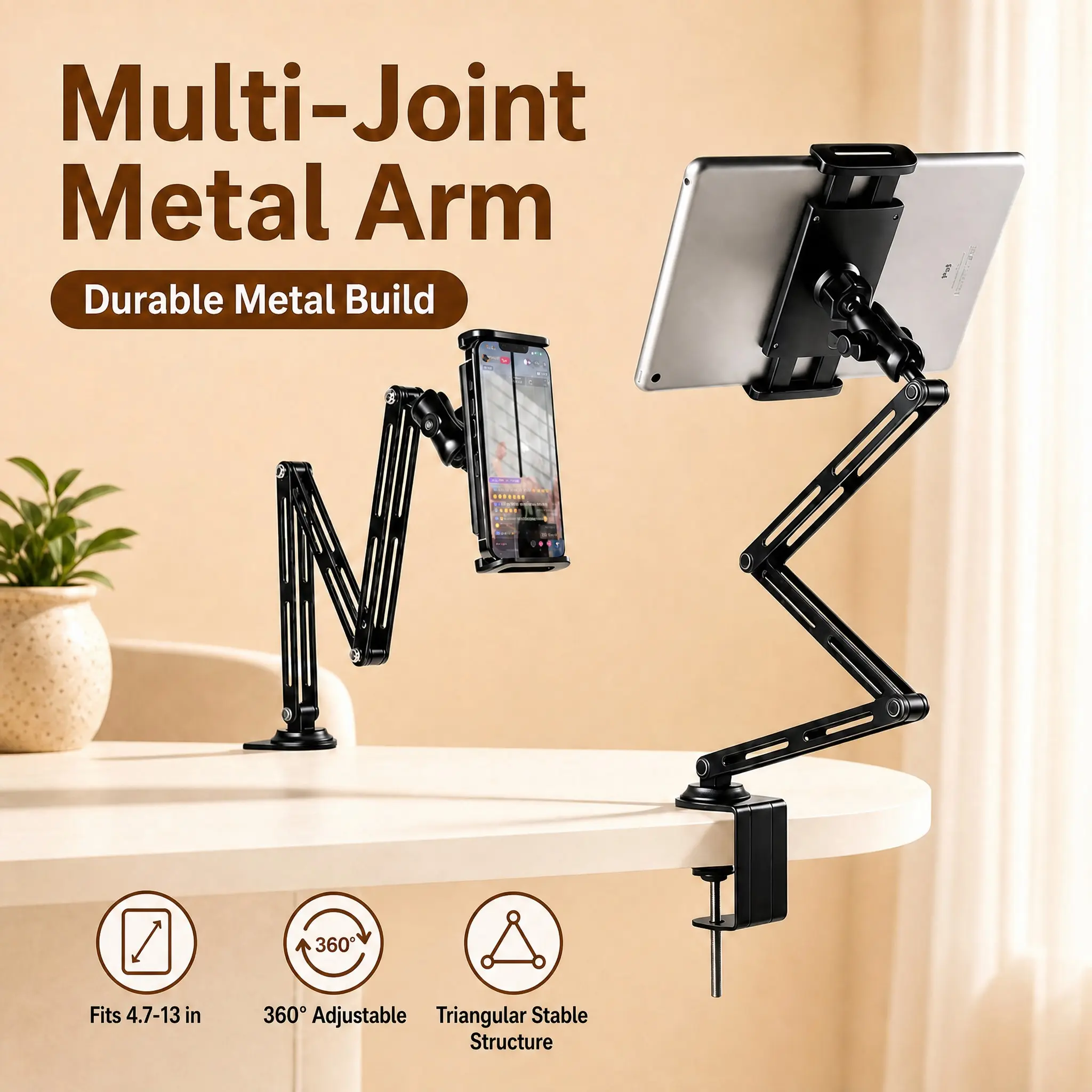 Extended Multi-Joint Lazy Arm Phone Stand, Tablet Stand, Minimalist Hollow Metal Design, 360 Degrees Adjustable, Desktop, Bed Head, Home Office