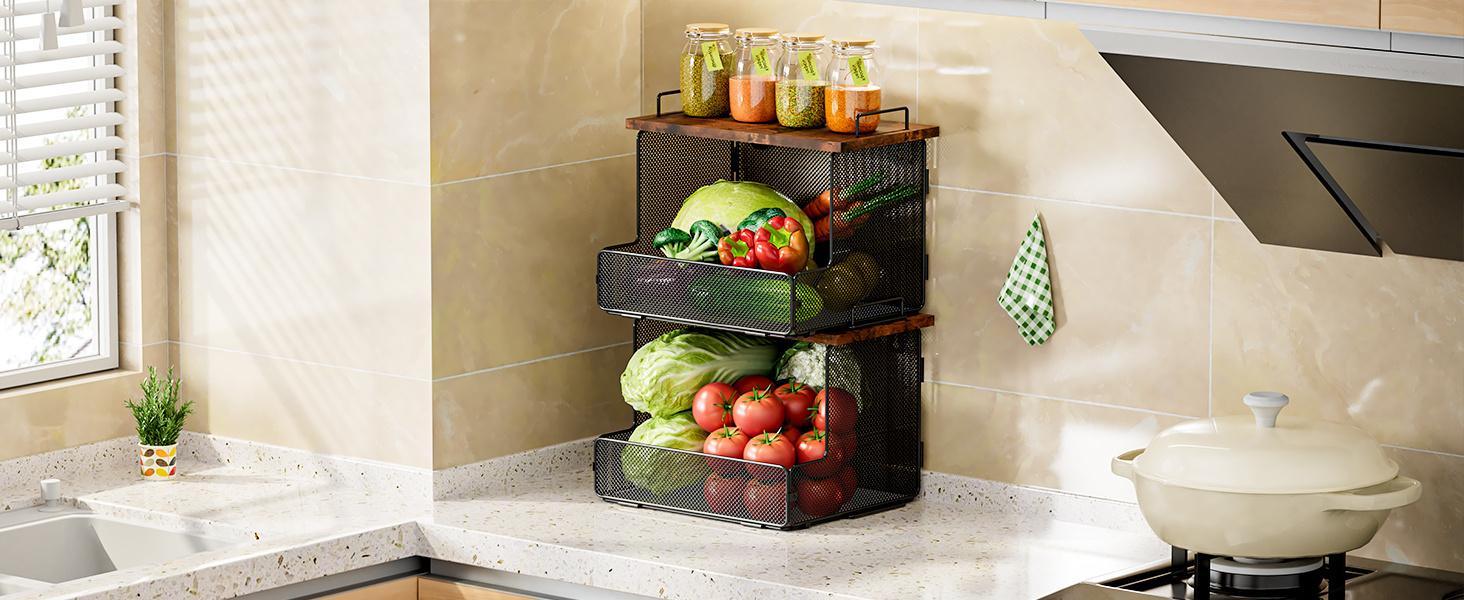 2-Pack Fruit Basket Wire Basket, Stackable Wall-Mounted Countertop Kitchen Counter Organizer for Snacks, Fruits and Vegetables Storage, Onion and Potato Hanging Basket with Wooden Lid