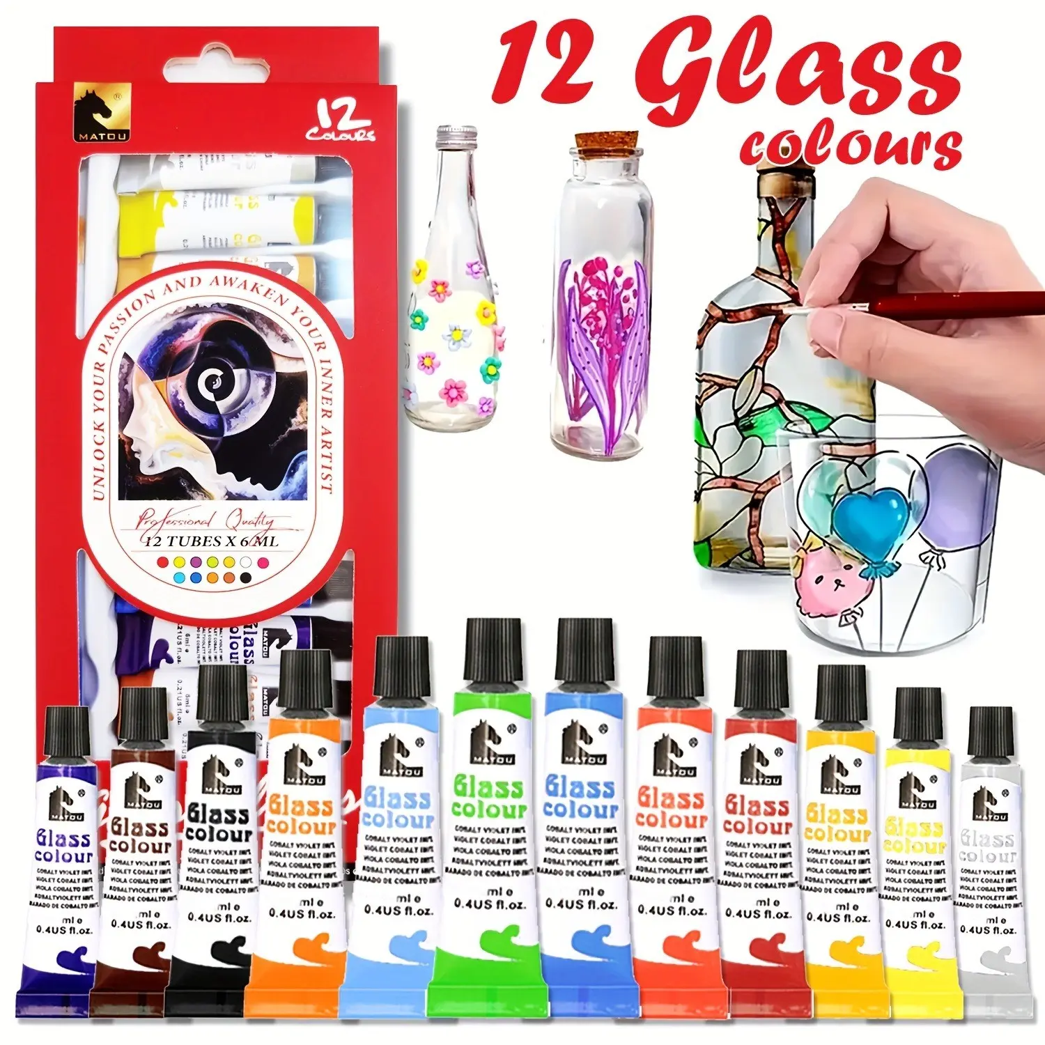12-color glass painting pigments (with brushes), professional painting pigments, Art Materials, handmade creative decorative paintings, suitable for glassware, wine glasses, windows, stones, plastic graffiti - the best choice for holiday gifts
