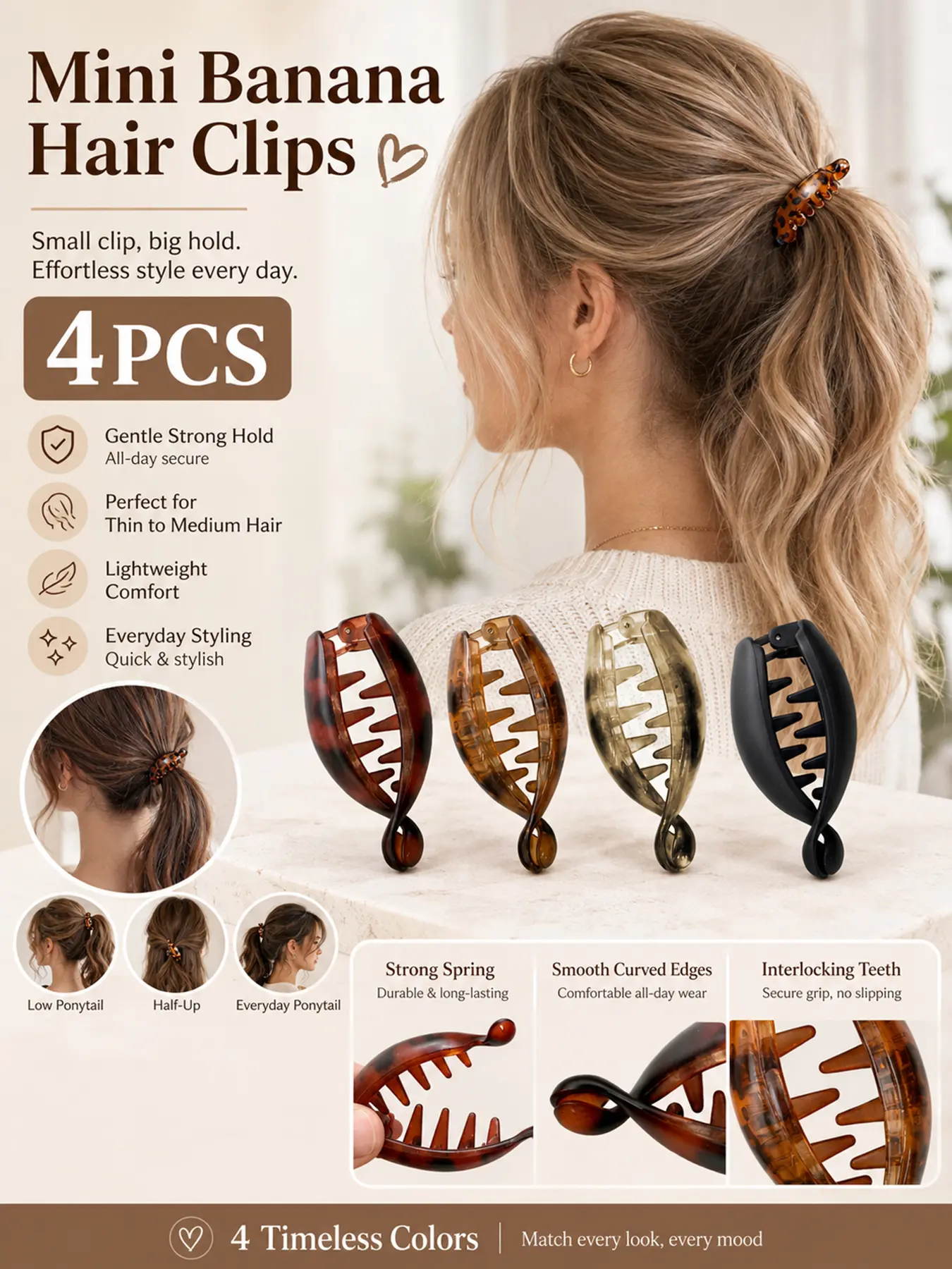 4PCS Small Banana Hair Clips for Women Girls, Cute Oval Leopard Print Ponytail Holders, Non Slip Strong Hold Mini Claw Clips, Retro Hair Clips Secure & No Crease for Buns, Curly Thin Hair, Daily Use Fashion Hair Accessories for Work, Party & Travel