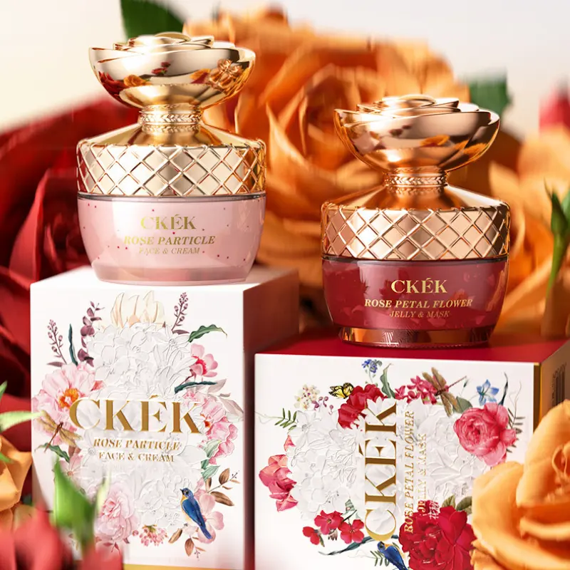 CKEK Alpine Rose Skin Care Set, Rose Anti-Wrinkle Cream & Petal Jelly Mask 55g/pcs, Rose Extract Antioxidant Reduce Fine Lines Firm Brighten, Niacinamide Hyaluronic Acid Hydrate Repair, Anti-Aging Mask Cream Set, Facial Set