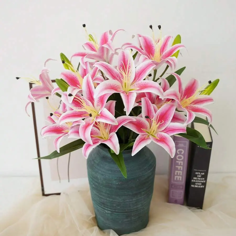 1 Pack Large Artificial Lilies Flowers Faux Lily Flower Tiger Lily Bouquet With 9 Full Blooms Fake Lilies Plants For Wedding Bouquet Home Party Indoor Floral Arrangements