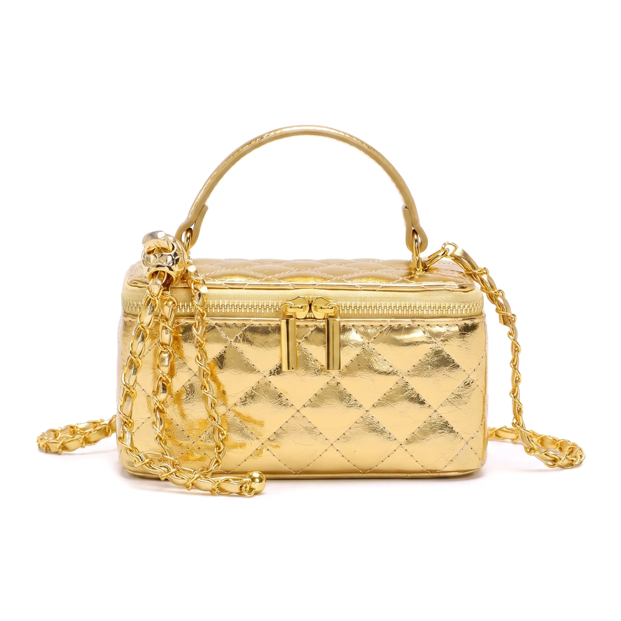 Women's Cozy Quilted Chain Bag - Multi-Use PU Leather Synthetic Diamond Grid, Mini Square Crossbody, Medium Shoulder, Bags for Everyday Essential (Gold, Brown, Burgundy)
