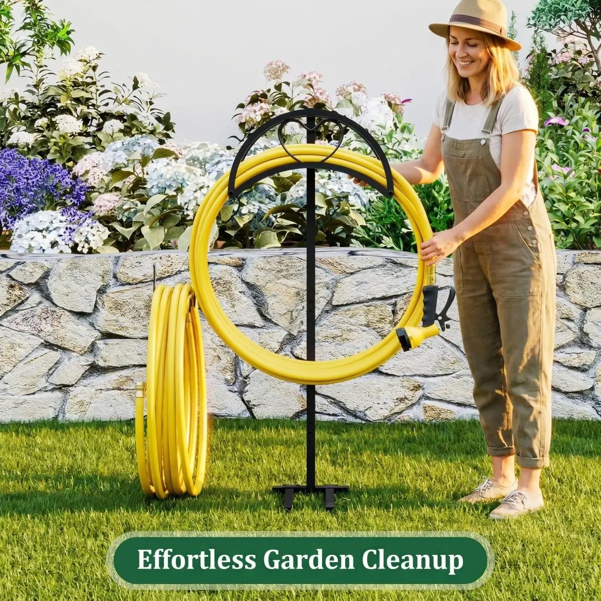 SUOERNUO 4-Spoke Steel Metal Garden Hose Reel Stand, Heavy-Duty Freestanding Rustproof Hose Holder, Detachable Space-Saving Design, Wobble-Resistant Base, Home Improvement Watering Equipment with Instructions & Video for Backyard Use, Garden Hose Holder