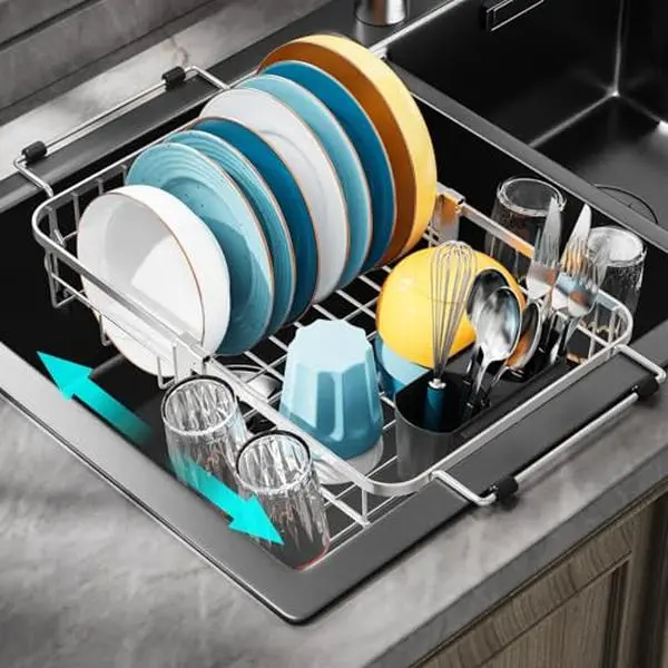 Small Expandable Over The Sink Dish Drainer Drying Rack In Stainless Steel Metal For Kitchen, Counter Space Saving Compact Above Plate Dryer Strainer, Adjustable Hanging Inside Sink Wire Drain Holder