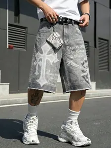 Men's Jeans with Retro Finger Cross English Print, Casual Loose-Fit Below Knee Denim Shorts, Street Style Summer Wear