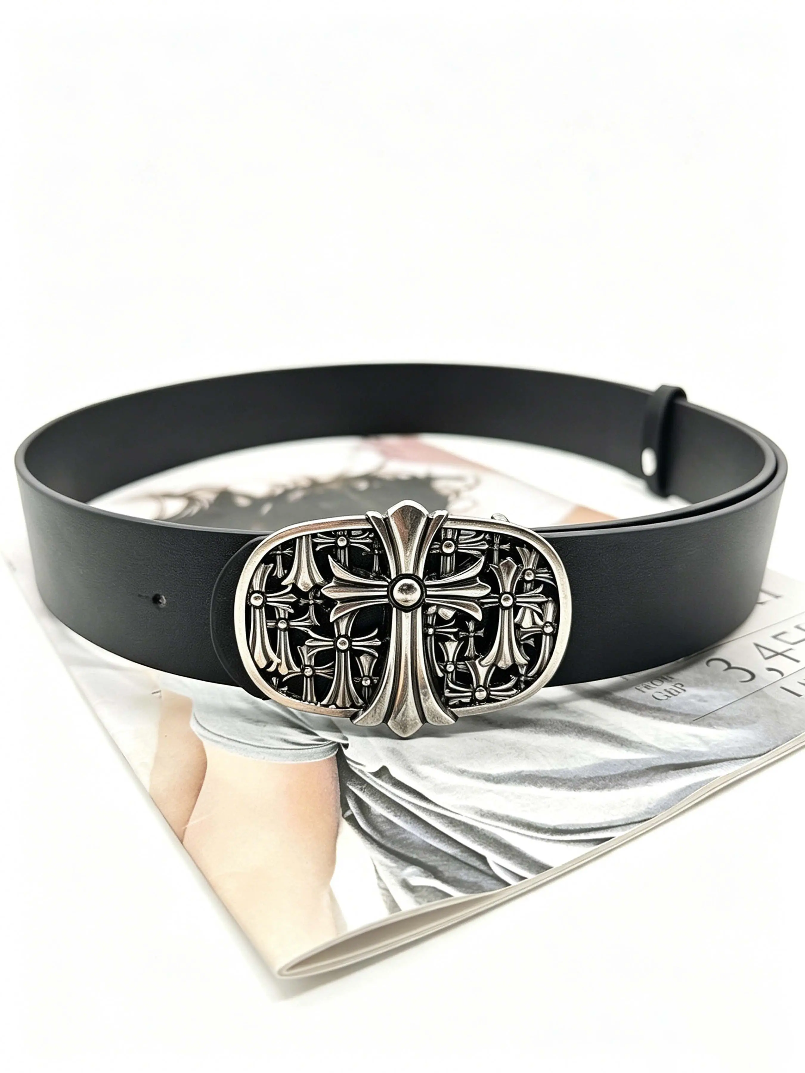 1PC Vintage Punk Black PU Belt With Carved Cross Alloy Buckle, Unisex Waist Accessory For Jeans And Street Outfits, Cross Design Belt