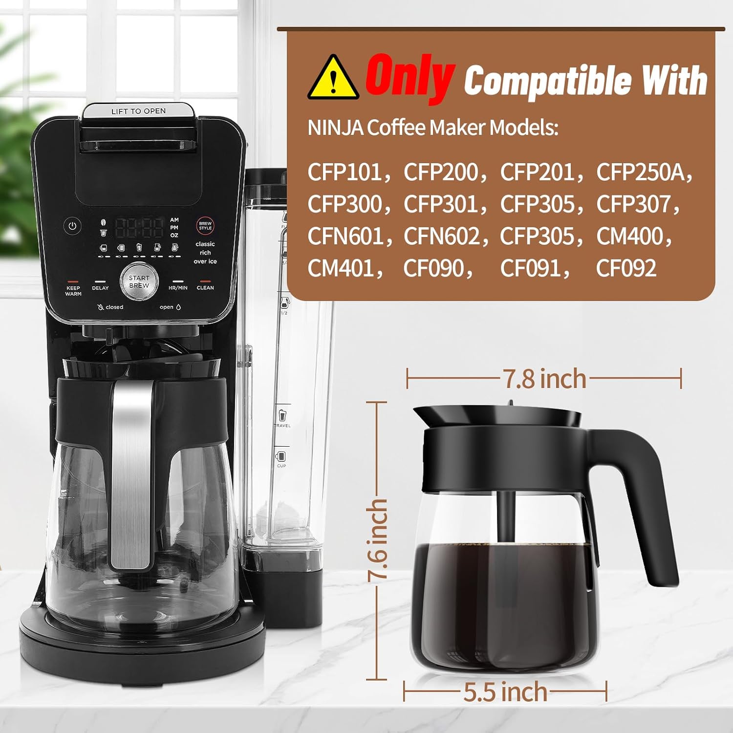 12 Cup Coffee Pot Replacement for  Coffee Maker CFP101 CFP201 CFP301 CFN601 CFP250A CFP300 CFP307, Glass Carafe Replacement with Brew-Through Lid,  Coffee Pot Replacement with Sturdy Handle