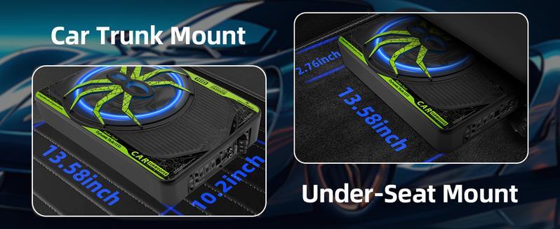 2025 1200W 10"Slim Car Underseat Bicycle stereoSubwooferFree shipping and Amp Package with Ambient Light, Individual Control for Low Pass/Gain/Boost Bass, High output surround vibration bass without distortion for Truck