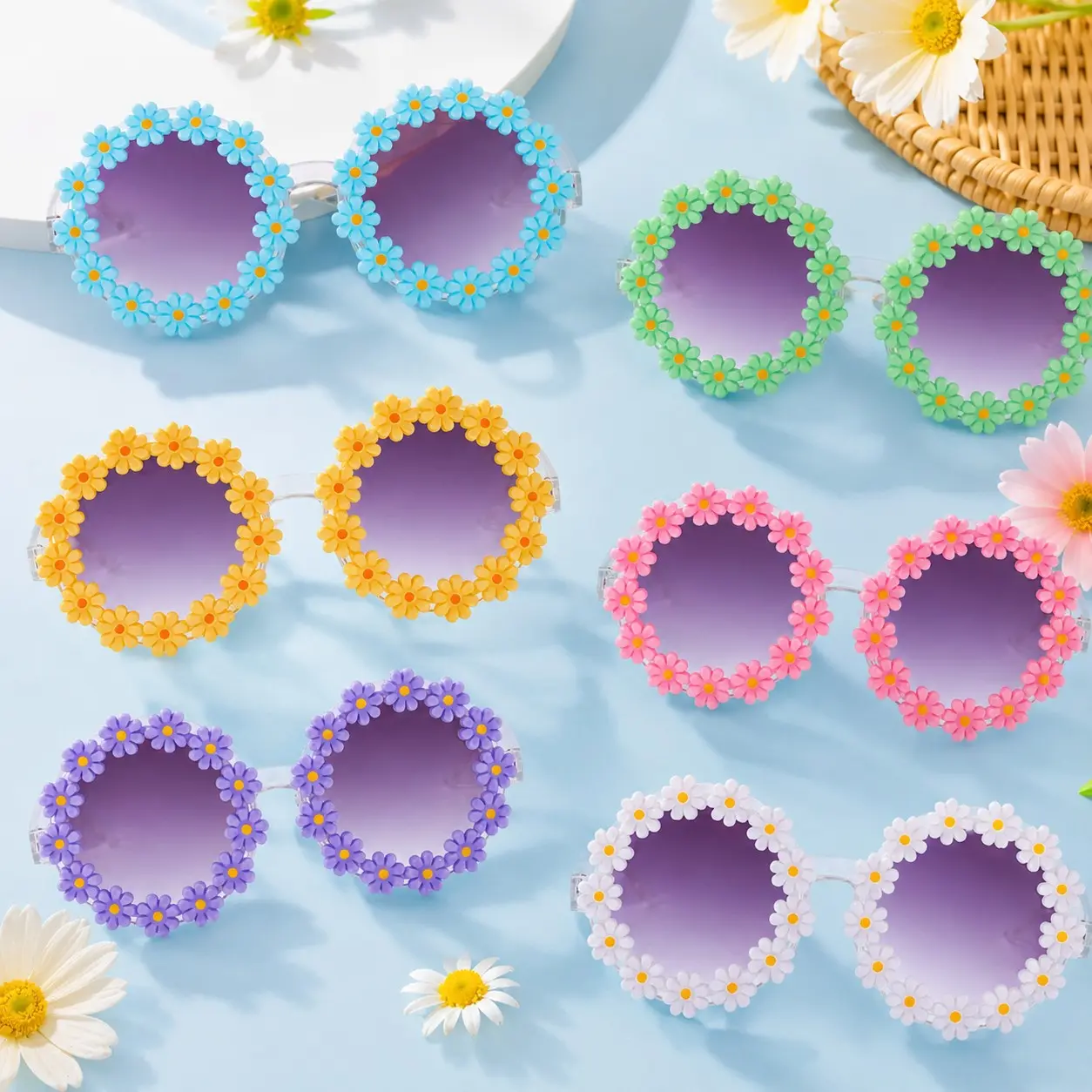 6 Pcs Floral Glasses Set, Cute Girly Summer Eyewear, Colorful Daisy Photo Props, Dopamine Flower Crown Accessories, Birthday Party Fashion Decor, Beach Party Creative Decor