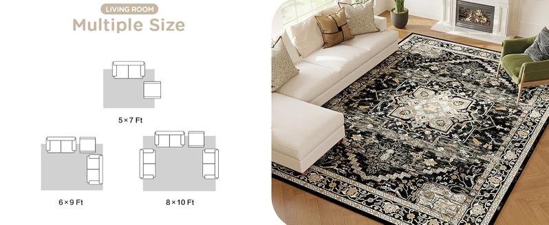 8x10 Washable Area Faux Cashmere Rug for Living Room, Non-Slip Soft Boho Vintage Medallion Carpet, Low Pile Distressed Rugs for Bedroom, Dining Room, Home Offi