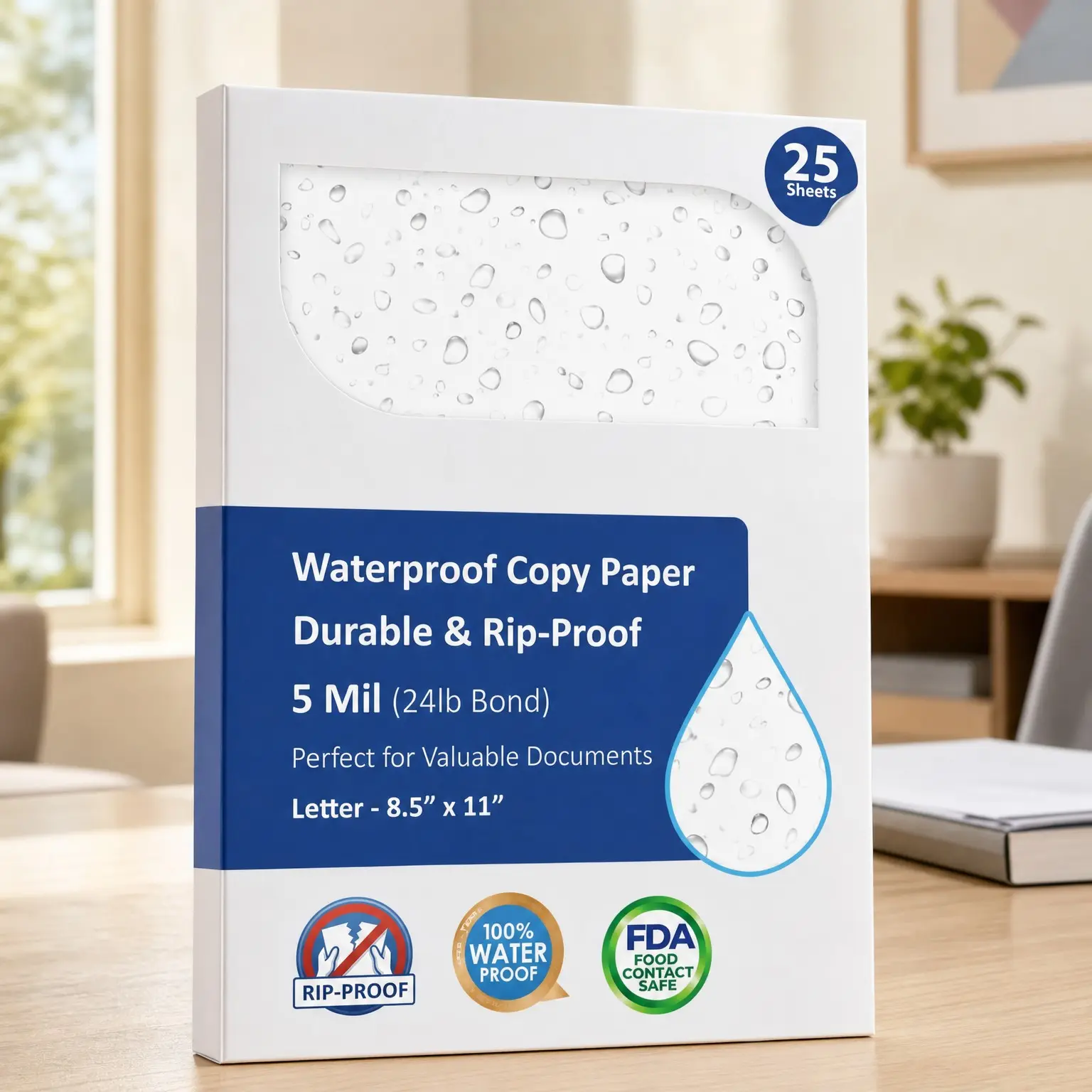 Premium Waterproof Paper, 5 Mil 8.5" x 11", Laser Printer & Copy Machine Compatible, Durable & Weatherproof Copy Paper, White (25 Sheets)