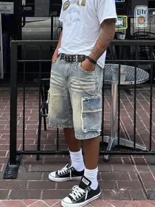 Men's Vintage Washed Edge Workwear Denim Shorts, Summer Loose Fit Post-Apocalyptic Style, Mid Waist Button Fly, Plain Surface Unlined