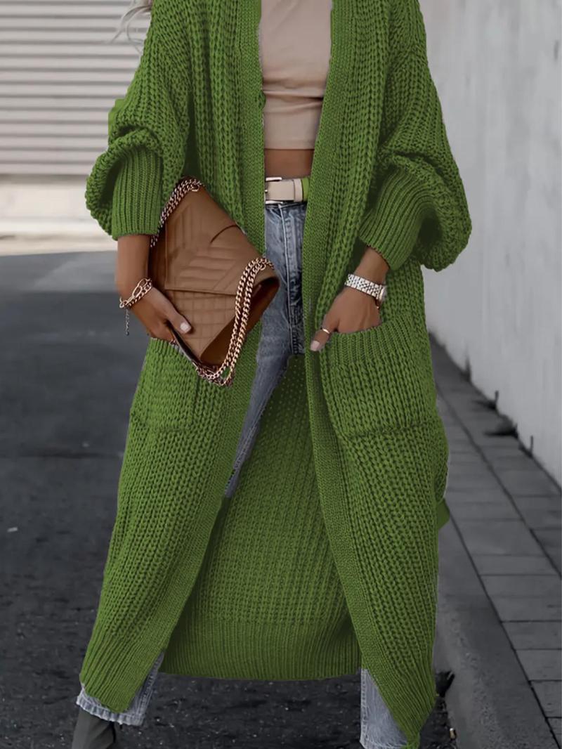 Women's Solid Drop Shoulder Long Cardigan, Casual Long Sleeve Cardigan with Pockets, Ladies Knitwear for Spring & Fall Daily Wear, Sweaters for Women