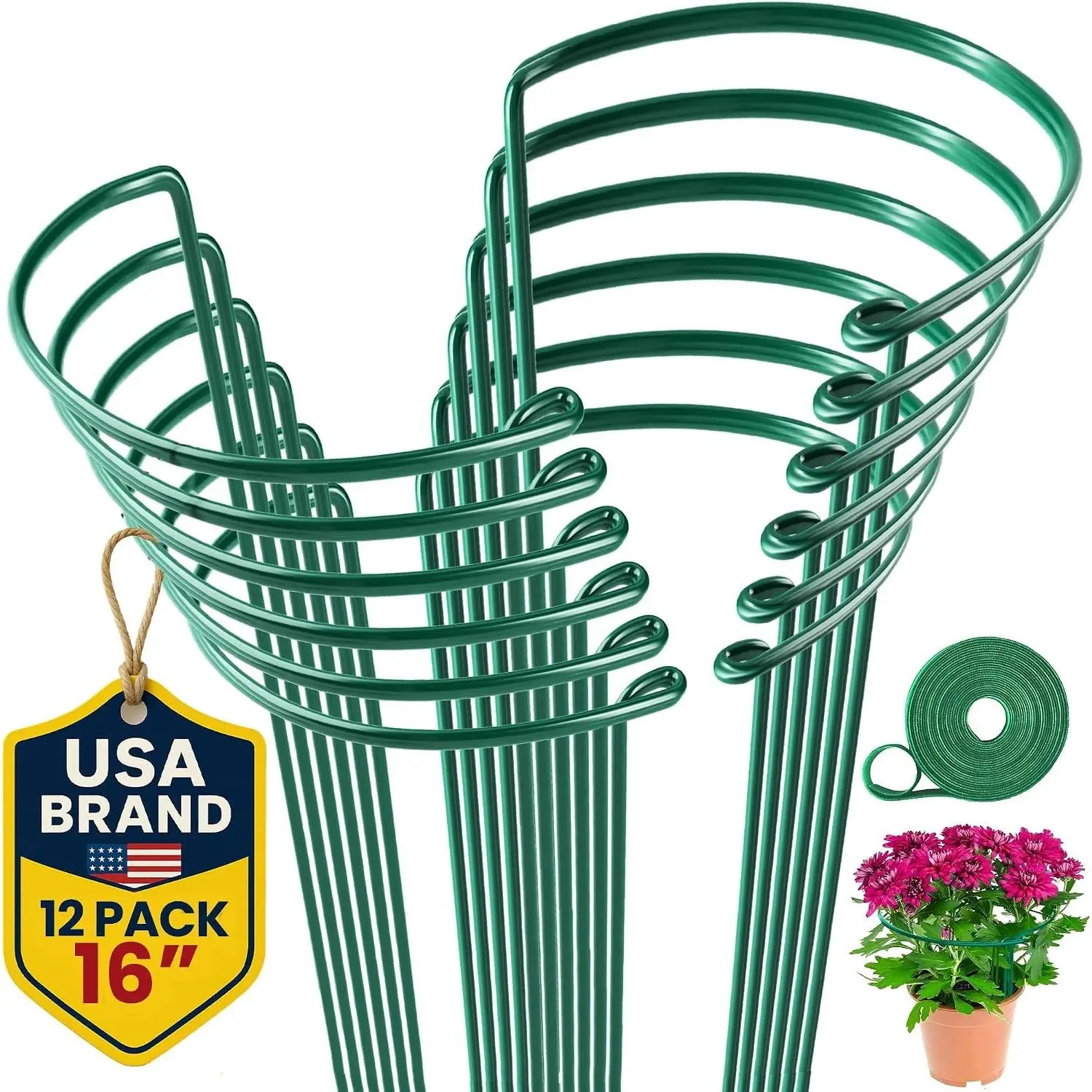 12 Pack Plant Support Stakes – Heavy-Duty Half Round Peony Support Ring and Cage for Indoor and Outdoor Plants – Peony, Tomato, Hydrangea, Rose 10" Wide x 16" High