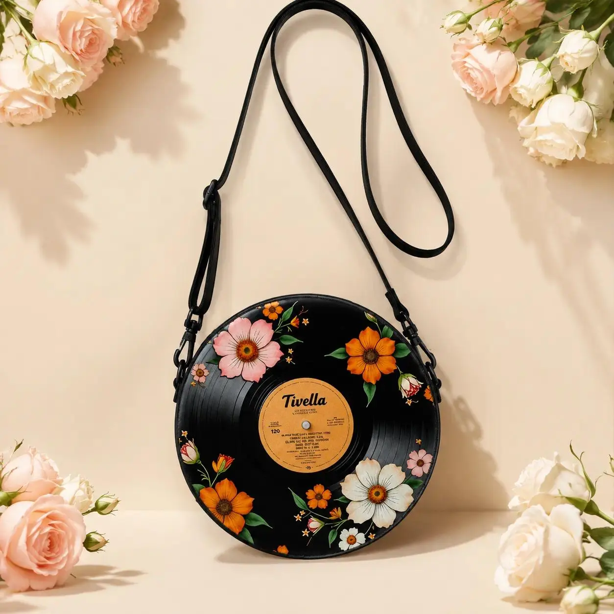 Nostalgic Vintage Vinyl Record Handbag , Luxury House Chain Design, Unique Statement Accessory, Perfect Music Lover Gift, Black Slouchy Tote for Travel Use
