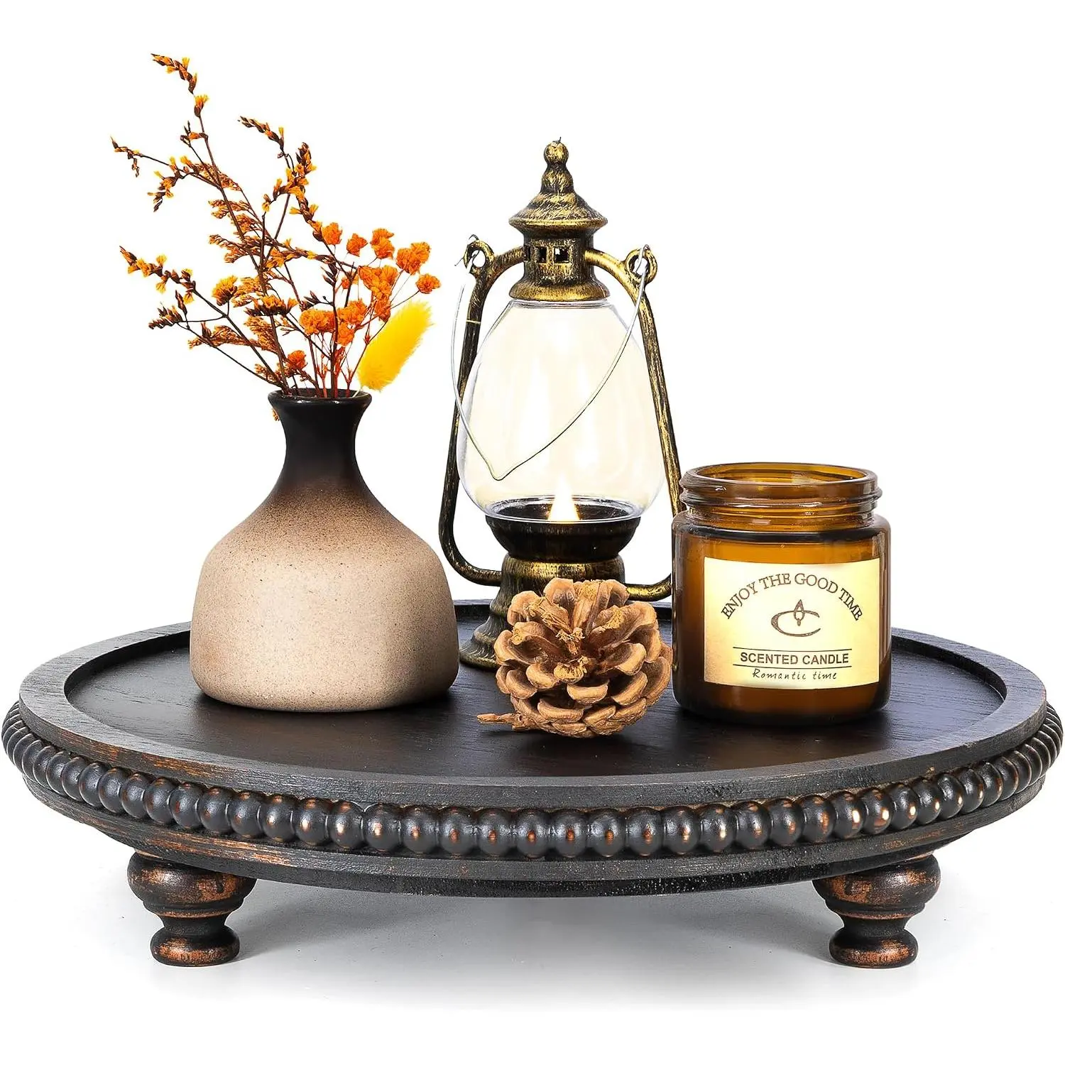 Round  Riser with Beads for Bathroom Decor, Distressed Black | Pine , 3 , 11.2" Pedestal Stand, Candle Holder & Cake Stand, Kitchen Counter Organizer, Decorative Accent