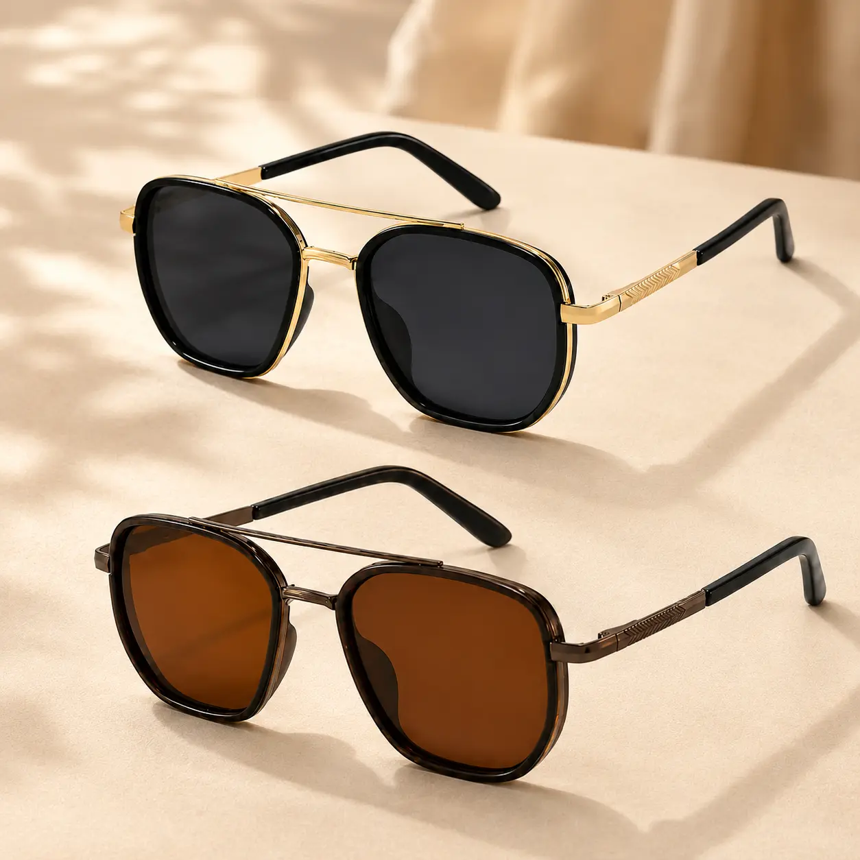 Polarized Geometric Sunglasses for Women and Men, Double-Bridge Metal Frame with UV400 Sun Protection for Driving, Men's Sunglasses, Square Polarized Sunglasses, Uv Protective Sunglasses