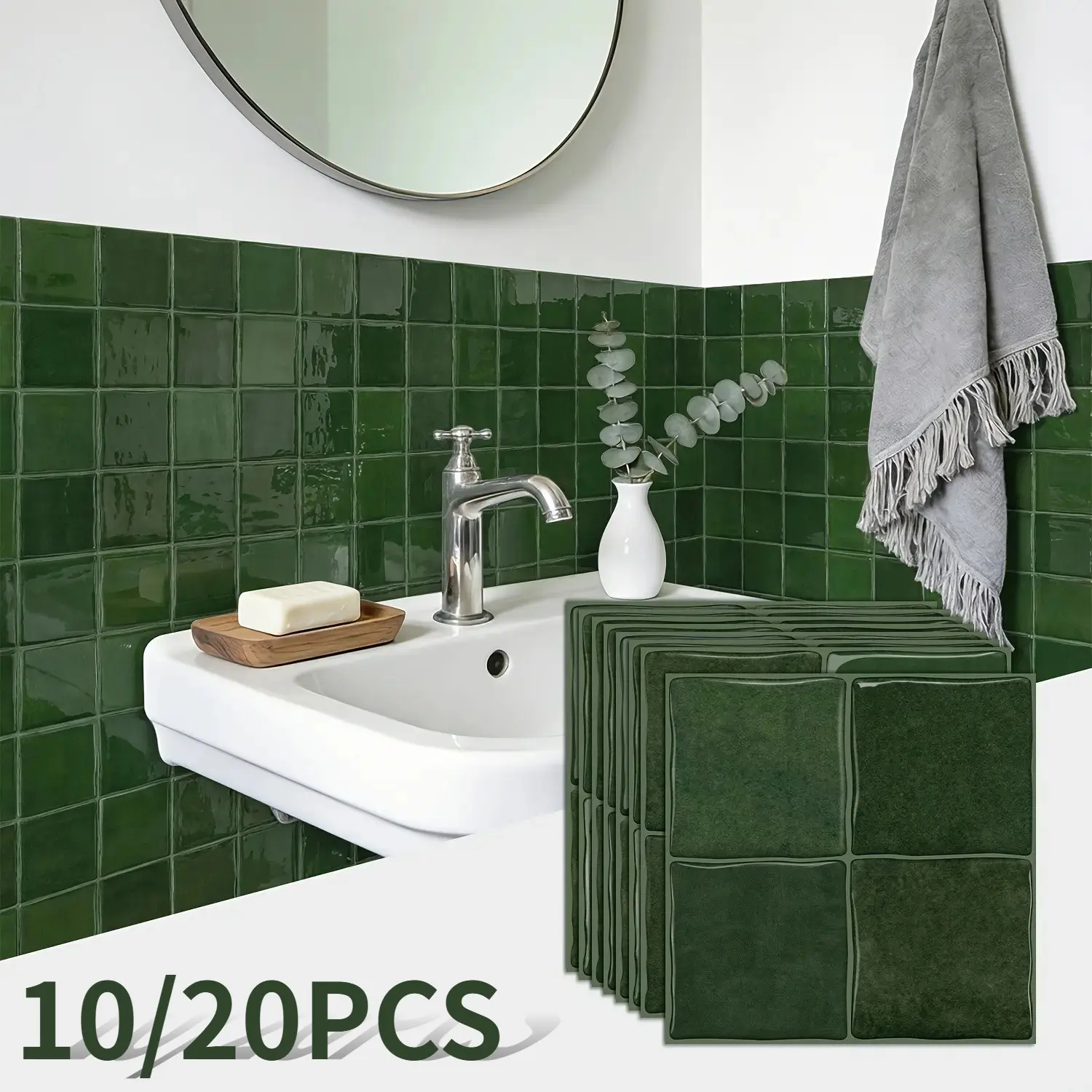 10/20pcs Mosaic Self-adhesive Wall Paper, Glossy Epoxy Square Grid Three-Dimensional Texture Waterproof Wall Decals, Suitable for Kitchen, Bathroom, Laundry Room Wall Stickers, Self-Adhesive Home Decor, DIY Exquisite Decorative Stickers