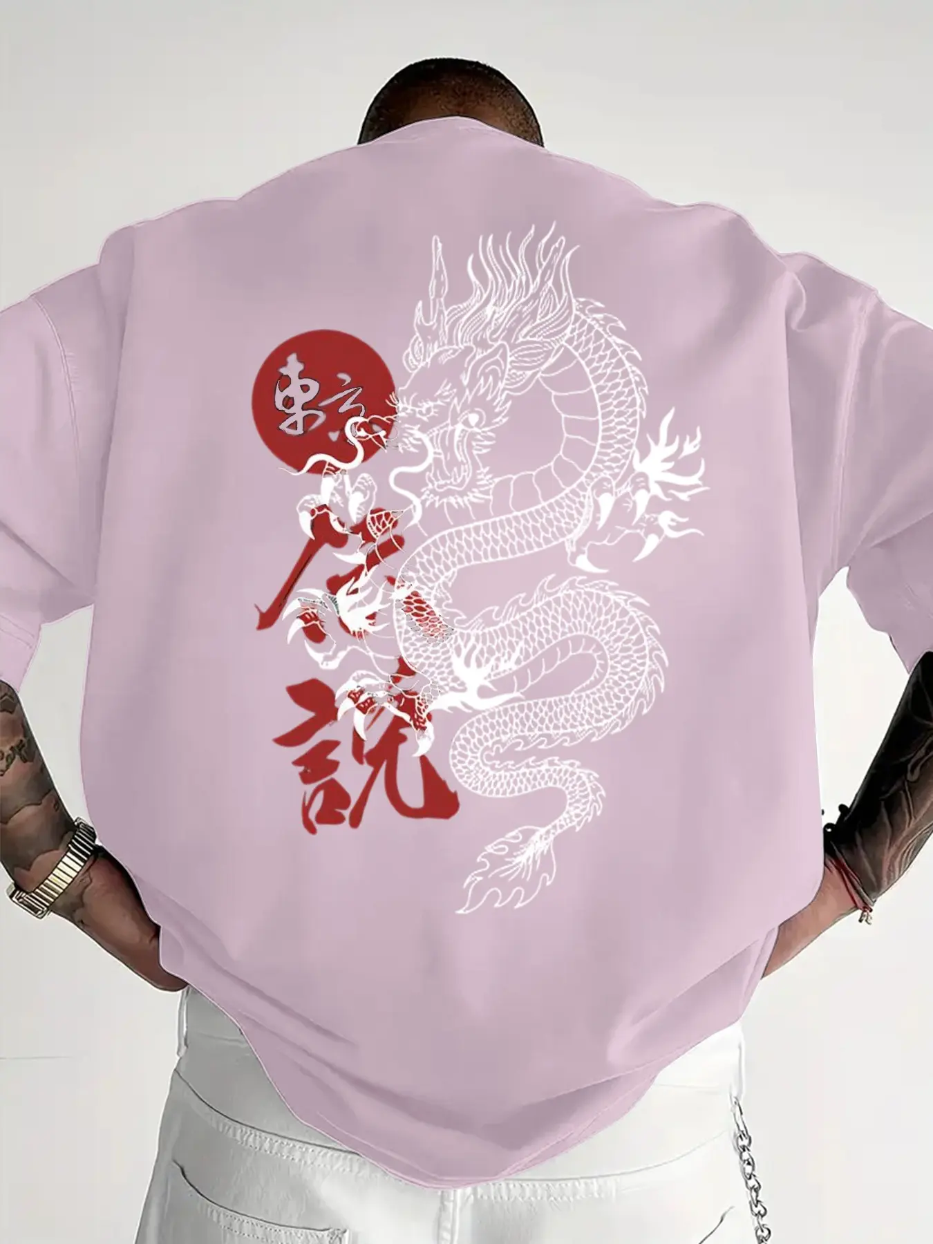 Men's Tokyo Dragon Graphic Print Casual Round Neck Short Sleeve T-Shirt, Summer Outdoor Sports Top, Fitted Long Tee