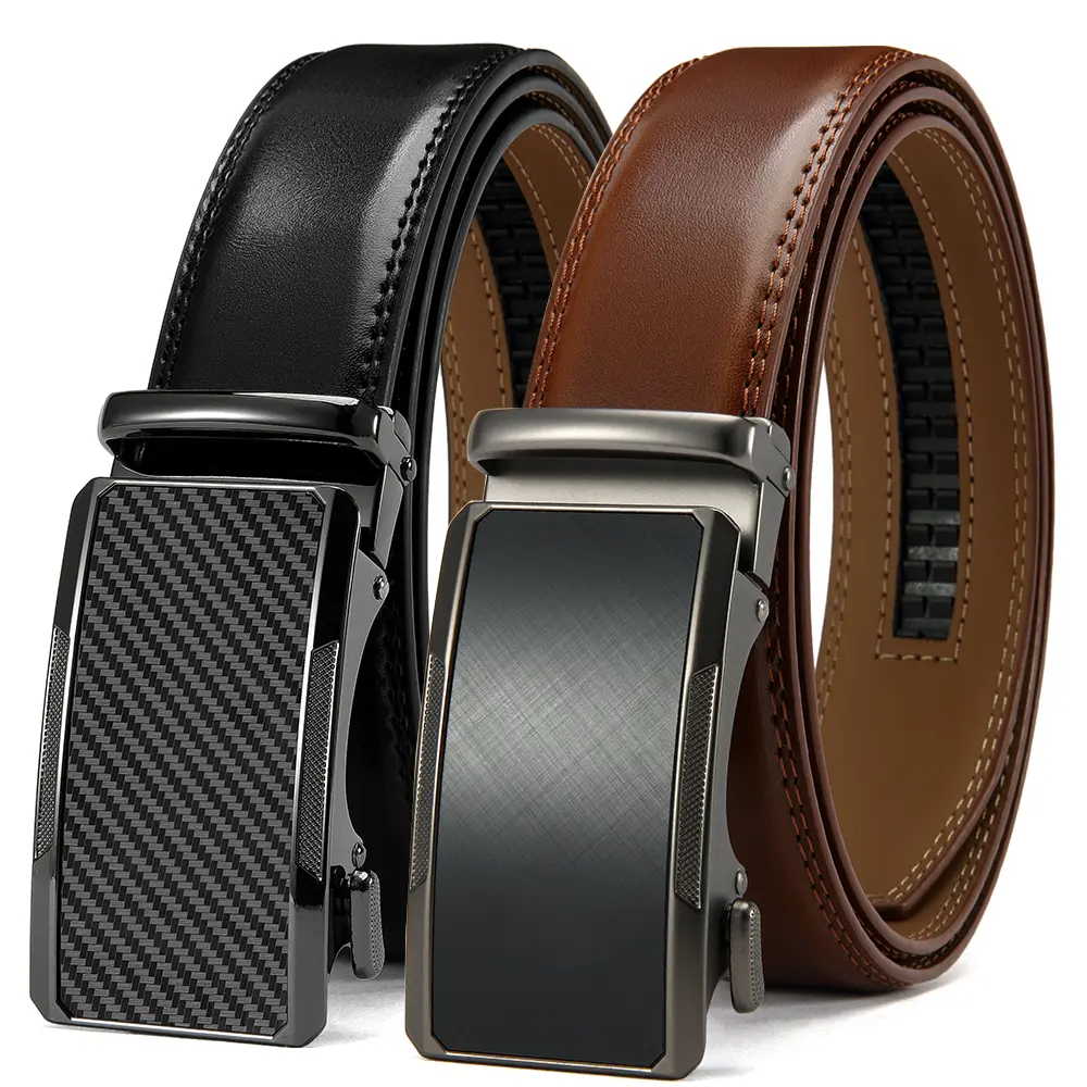 2-Pack Men's Ratchet Belts, Adjustable PU Leather Dress Belts in Black & Brown with Carbon Print & Brushed Buckles for a Business Look, Office Wear, Multi-Size, Corporate Office Wear, Stepless Adjust, Unisex