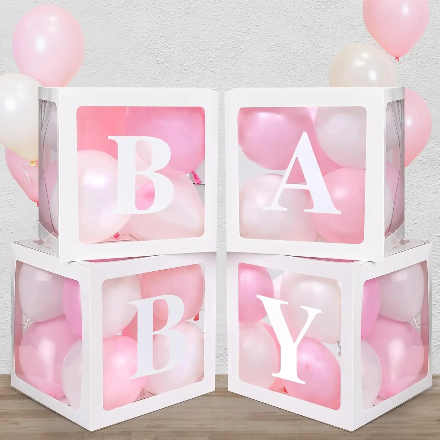 Baby Boxes with 4 Letters,40 Pink Balloon for Baby Shower Decorates,4 pcs clear Balloon Boxes BABY Blocks for Girls Birthday Party Decoration
