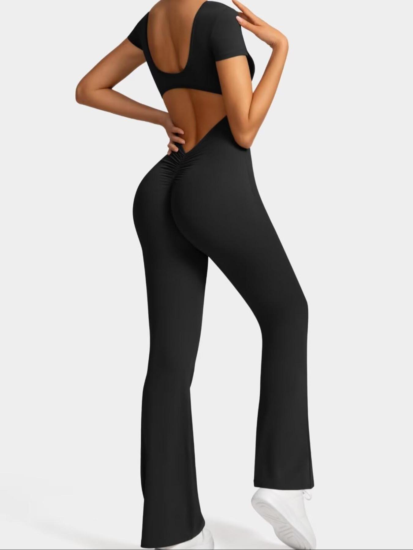 Women's Solid Cut Out Backless Flare Leg Sports Jumpsuit, Sporty Square Neck Ruched Bell Bottom Tummy Control Jumpsuit for Yoga Gym Workout, Ladies Sportswear for All Seasons