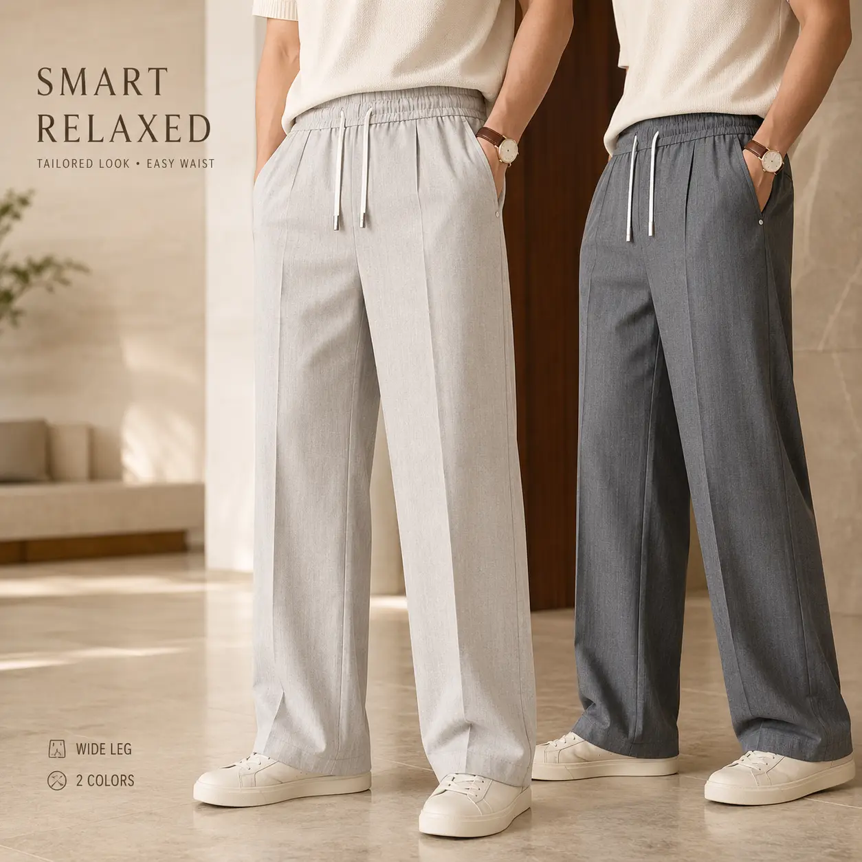 Lightweight Loose Wide Leg Pants Men Drawstring Waist Daily Business Casual Straight Pants