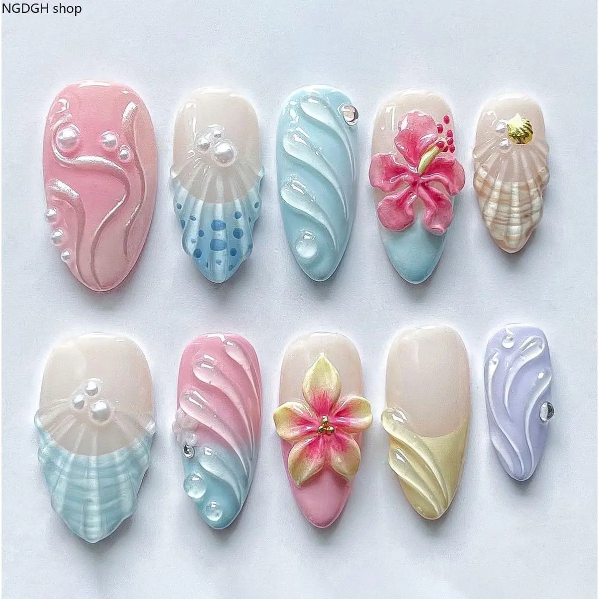 Women's Press On Fake Nails - Beach-Themed, 3D Ocean Flower, Pink Blue White Long Almond Nail Art for Summer Party