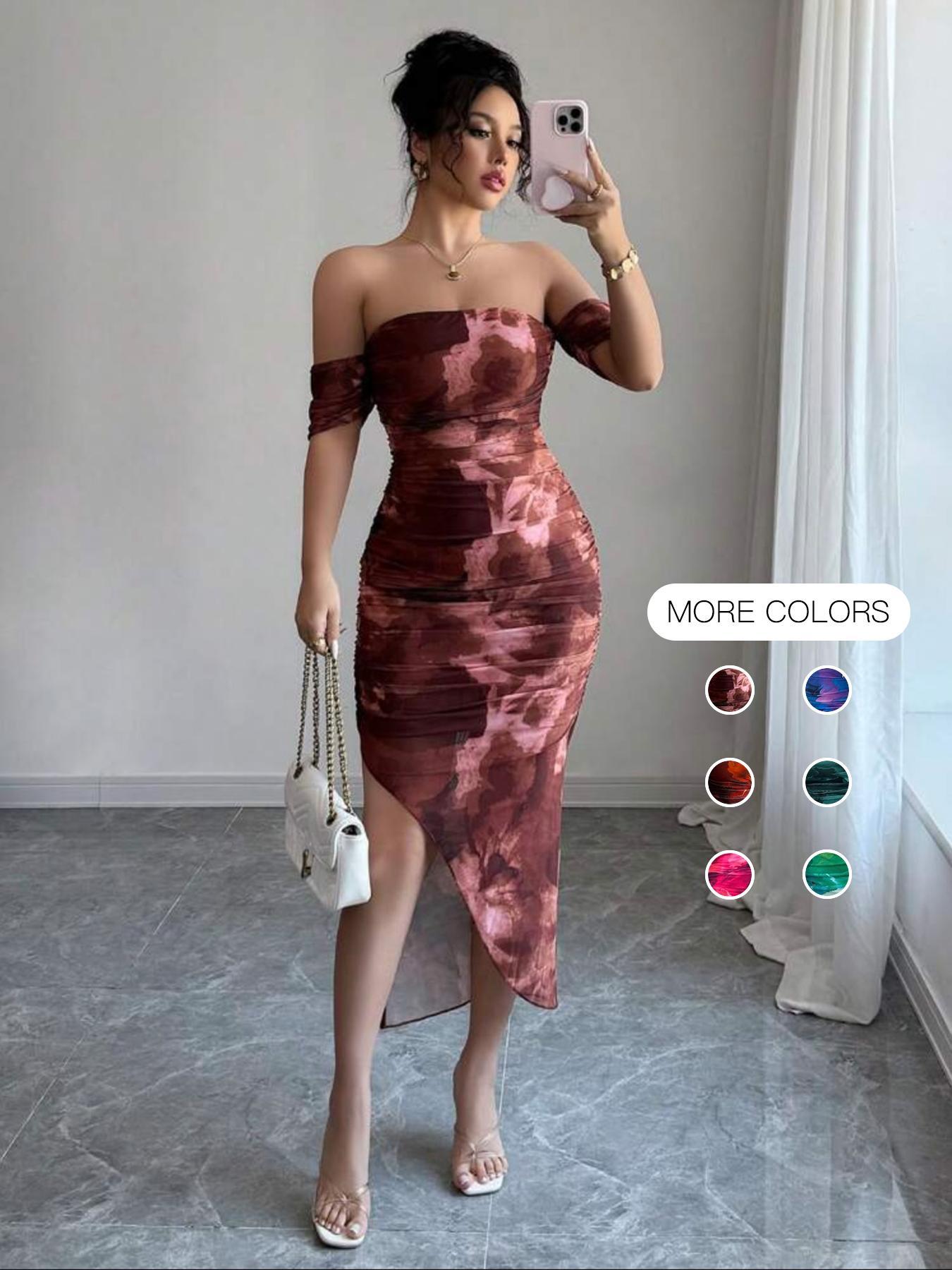 Women's All Over Print Off Shoulder Mesh Breathable Slit Dress, Elegant Chic Fashion Casual Dress for Party Club Dating Wear, Women Dress for Summer